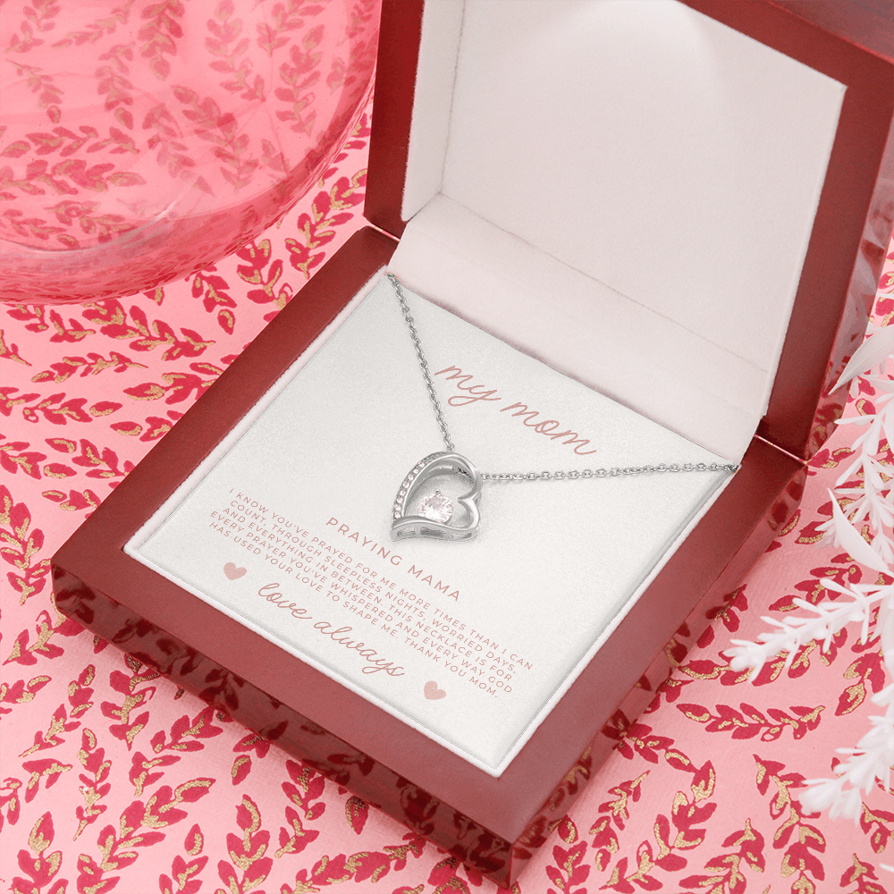 white gold heart necklace for her with message card inside luxury gift box for christian moms