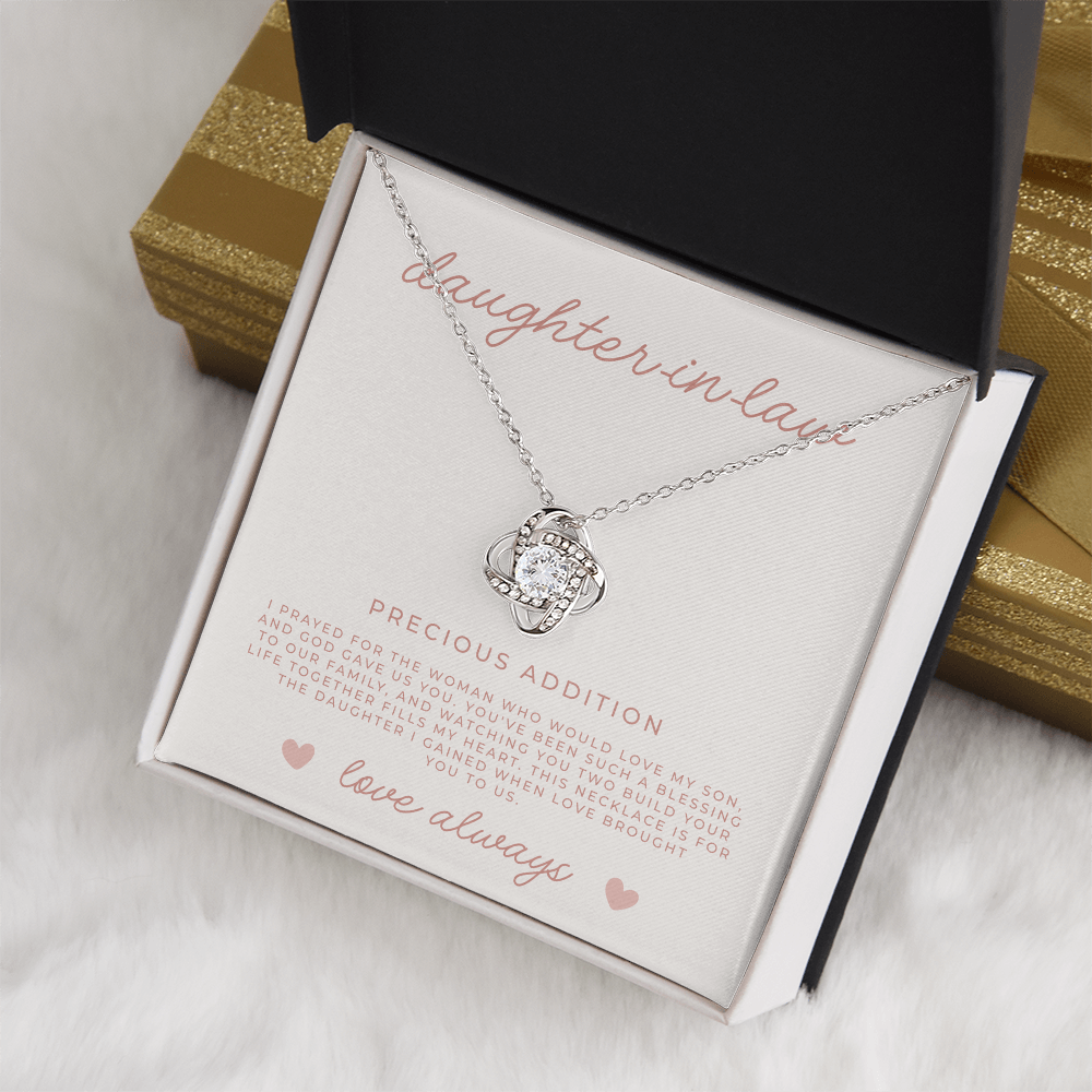 white gold love knot necklace gift for daughter-in-law in gold with message card and gift box