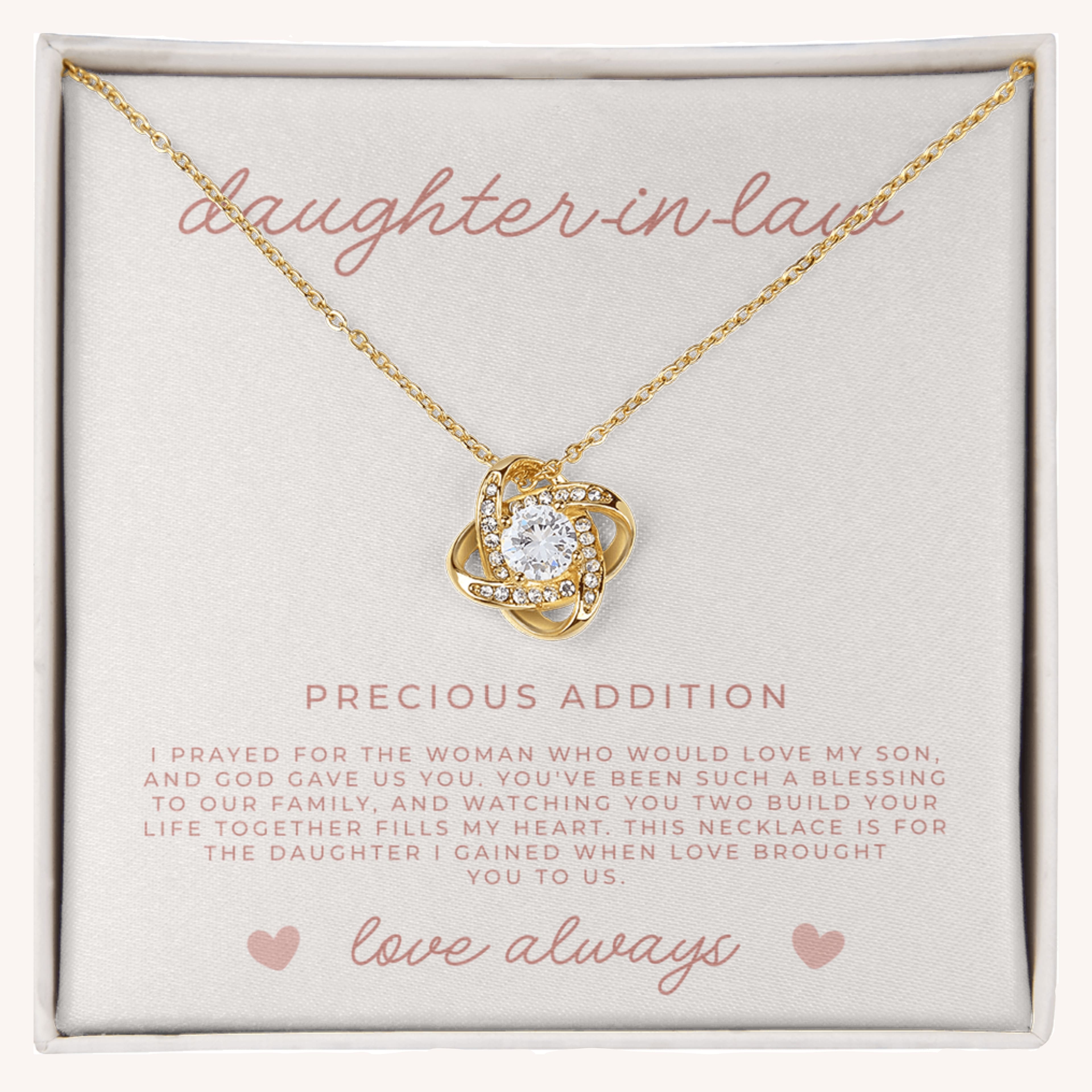 Gold love knot necklace for daughter-in-law with meaningful message card packaging