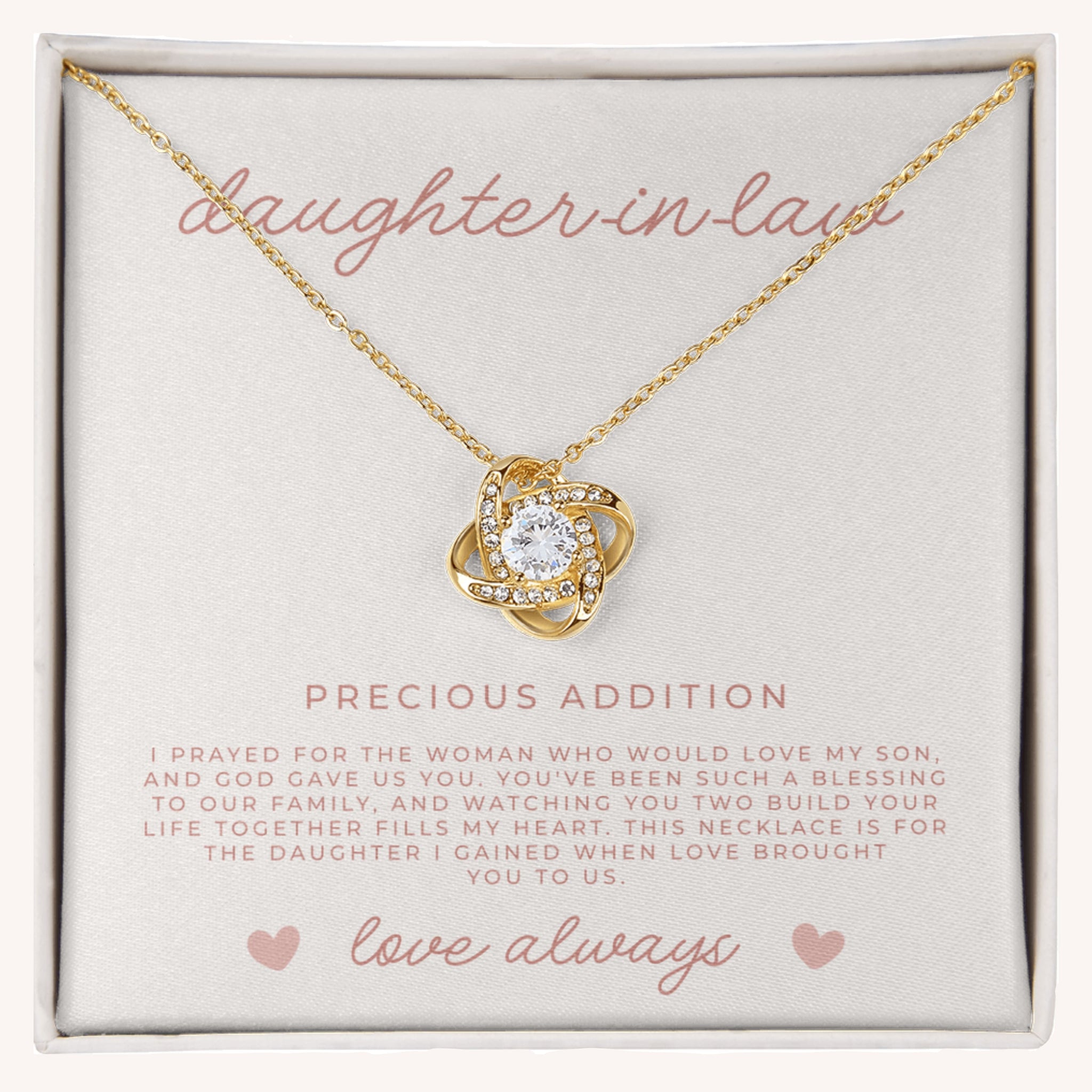 Gold love knot necklace for daughter-in-law with meaningful message card packaging