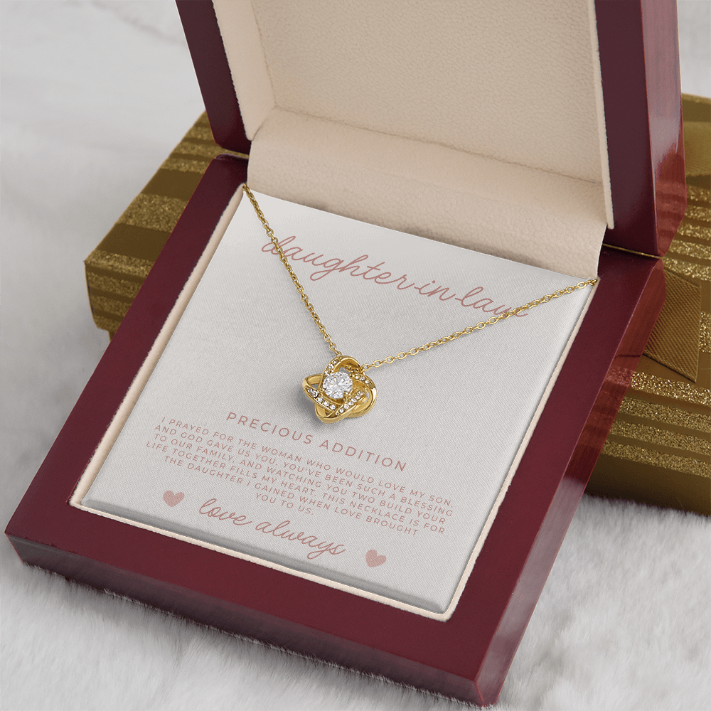 gold love knot necklace in luxury mahogany gift box for daughter in laws 
