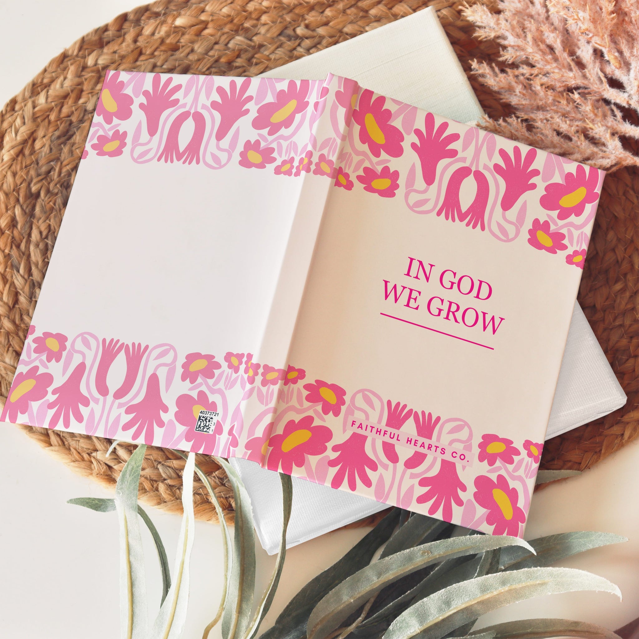 Pretty cream colored faith hardback notebook with vibrant floral border design in hot pink and coral