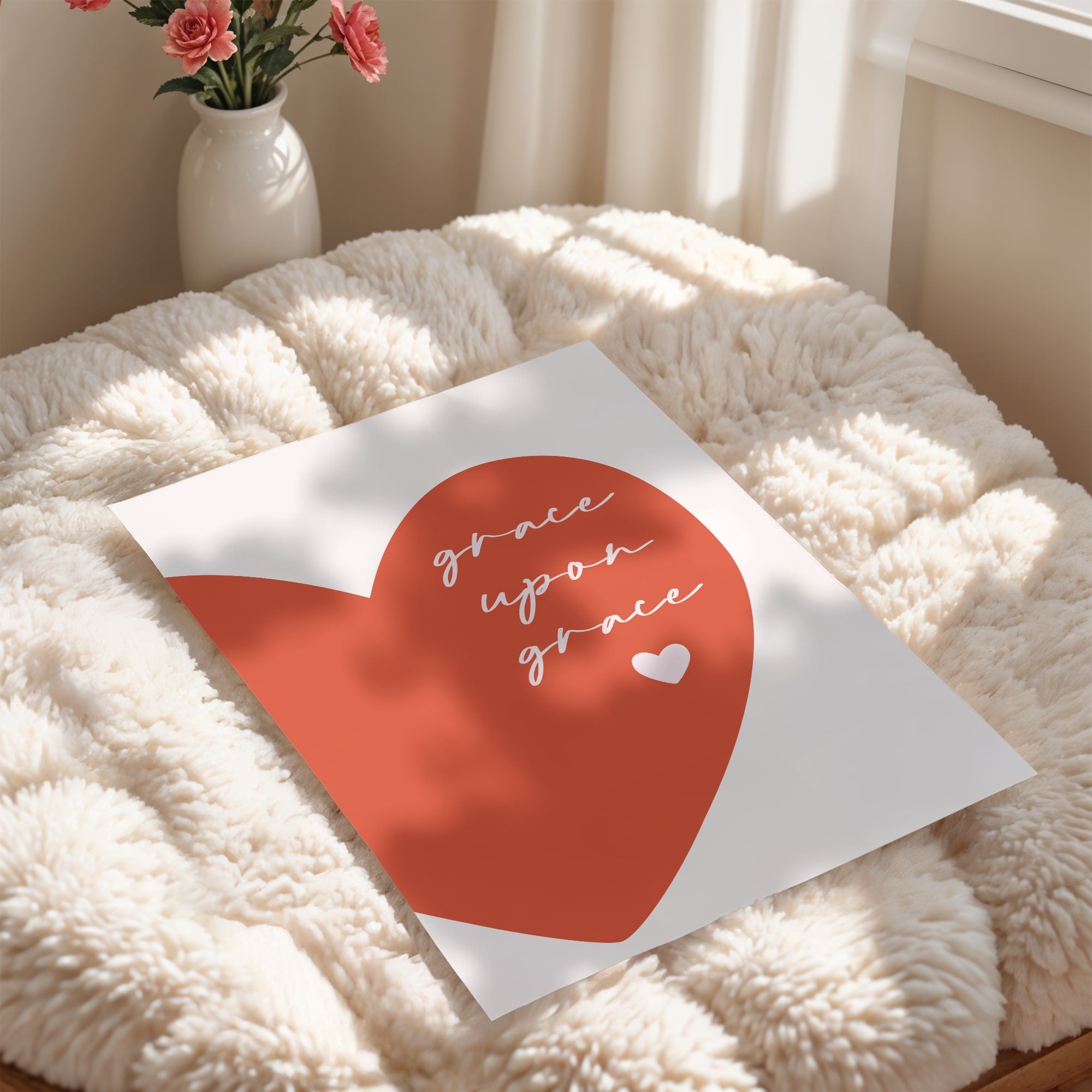 Modern minimalist Christian wall art in coral red, Grace Over Grace inspirational print for women’s spaces and cozy neutral interiors.