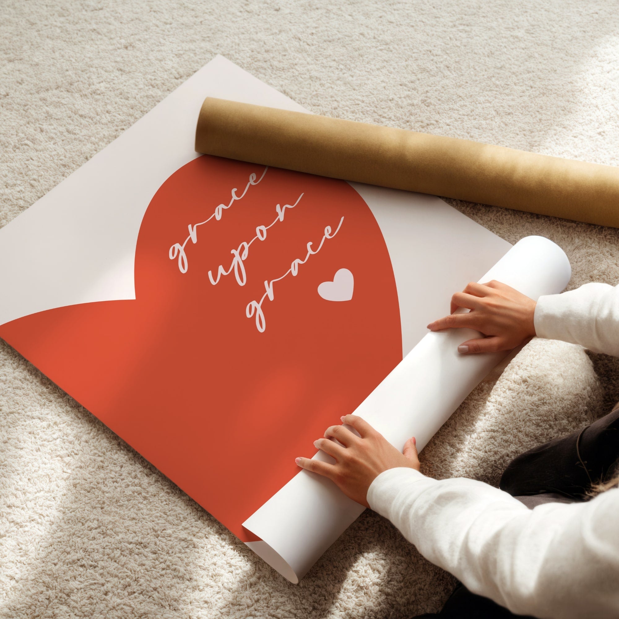 Grace Over Grace coral wall art print, elegant faith-inspired décor for bedrooms, nurseries, and prayer corners.