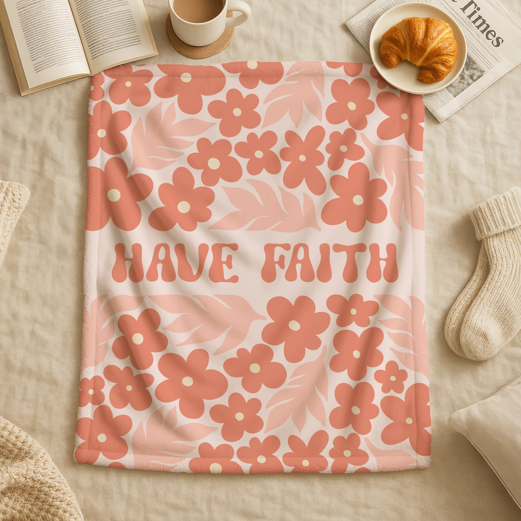 Retro floral blanket with “Have Faith” in fun vintage font, Christian home décor gift