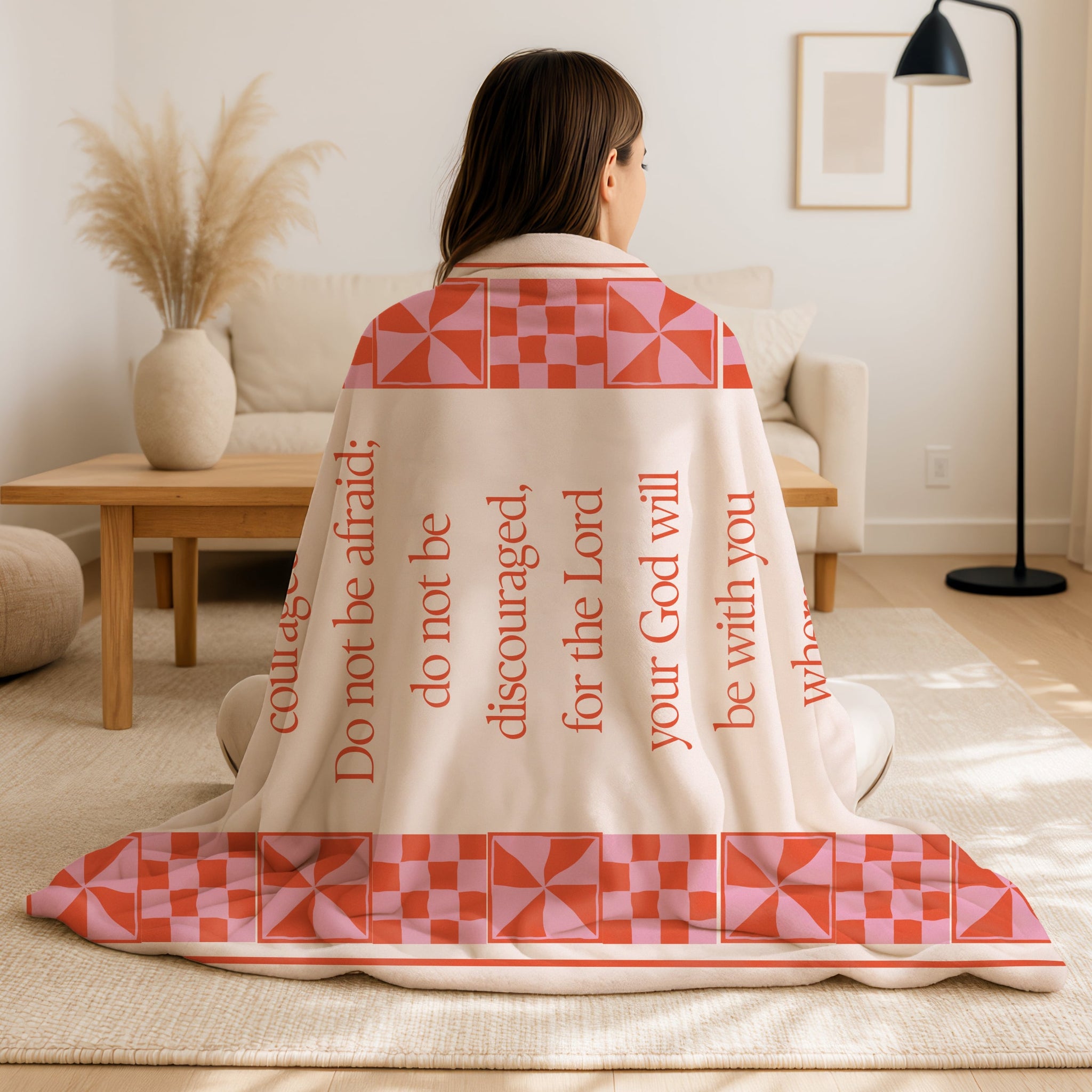 Christian home decor throw with quilt-inspired border and Bible verse, encouraging faith blanket gift for loved ones