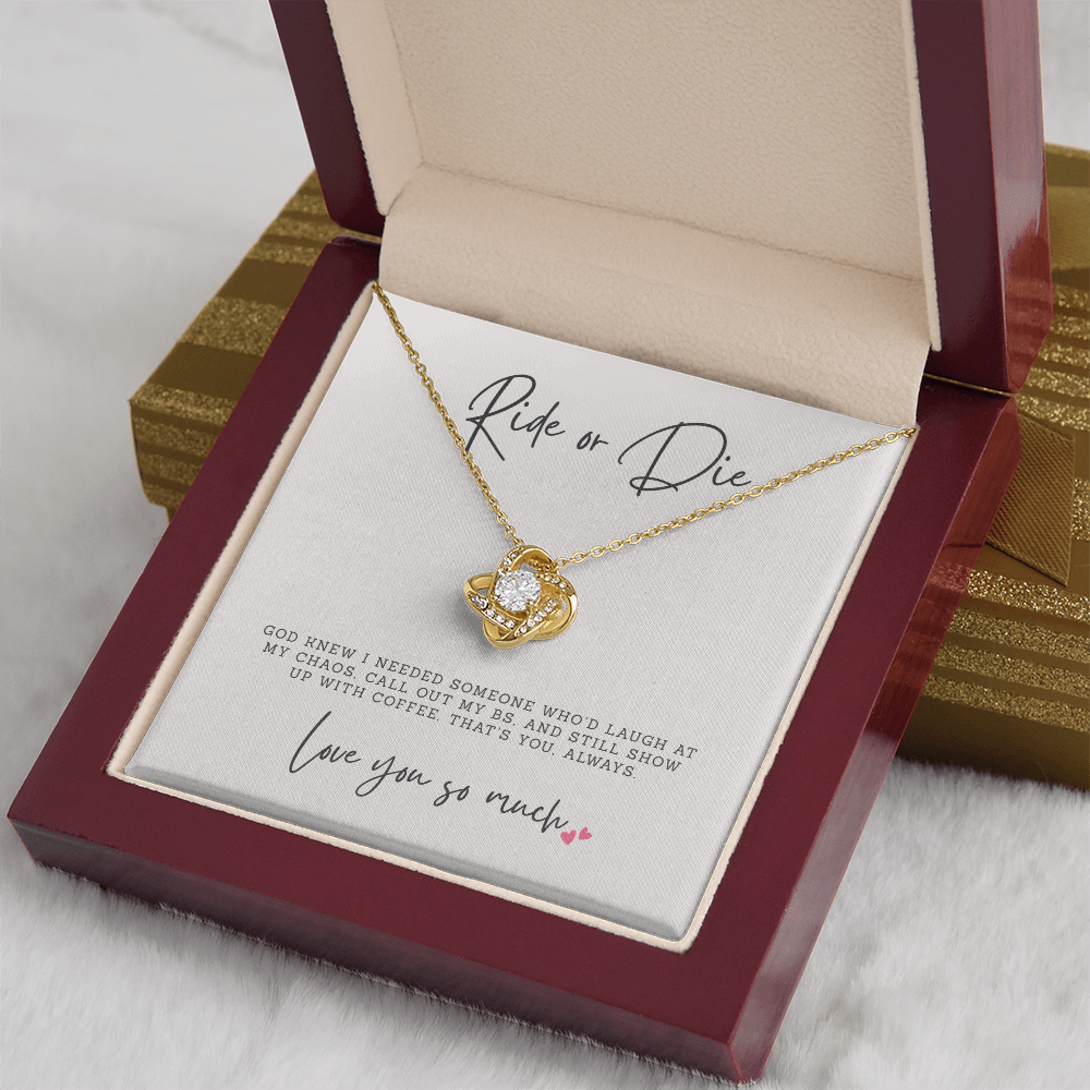 Gold necklace gift for ride or die best friend in a luxury gift box that has a meaningful message card that says God knew i needed you