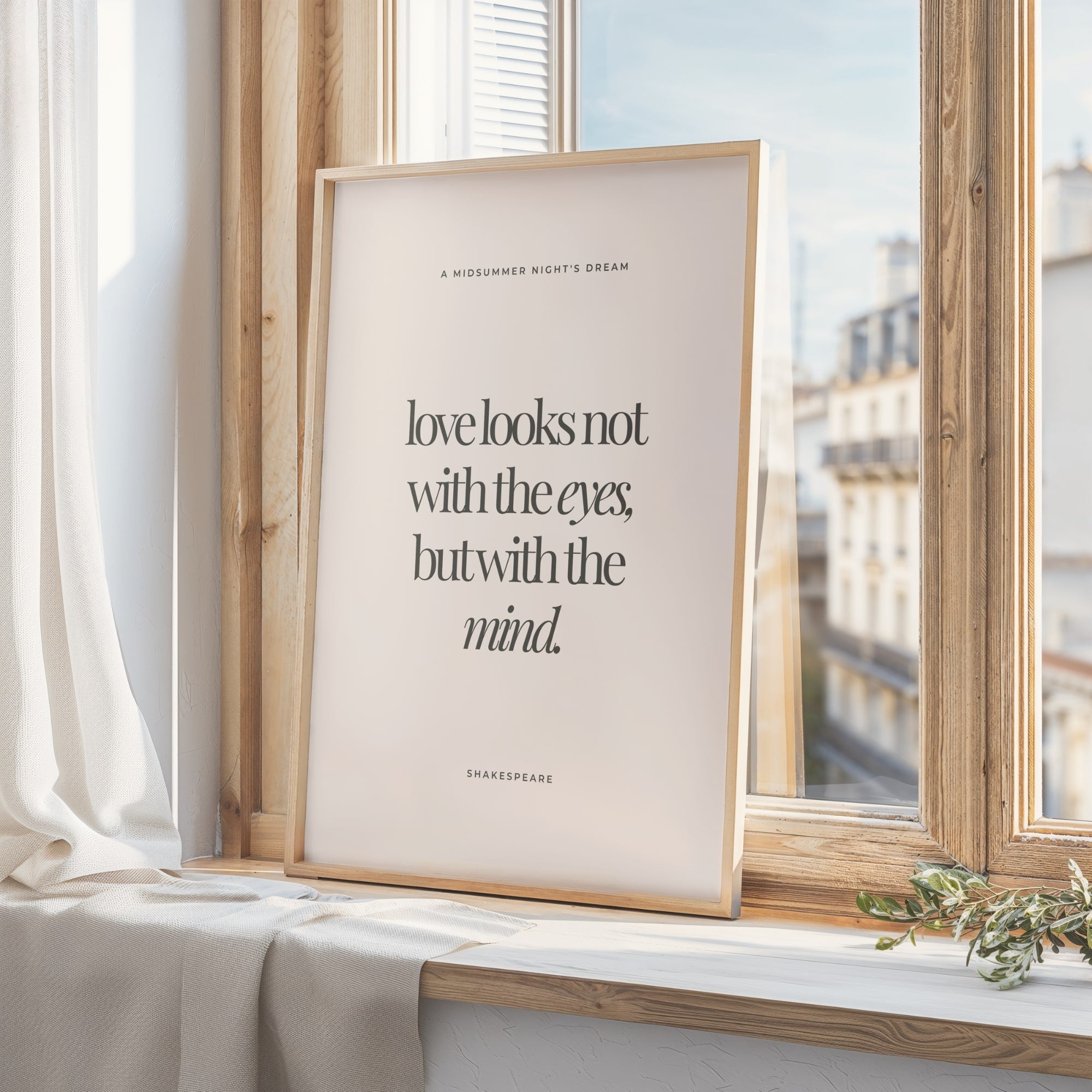 Romantic beige wall art with black typography of Shakespeare’s famous love line.