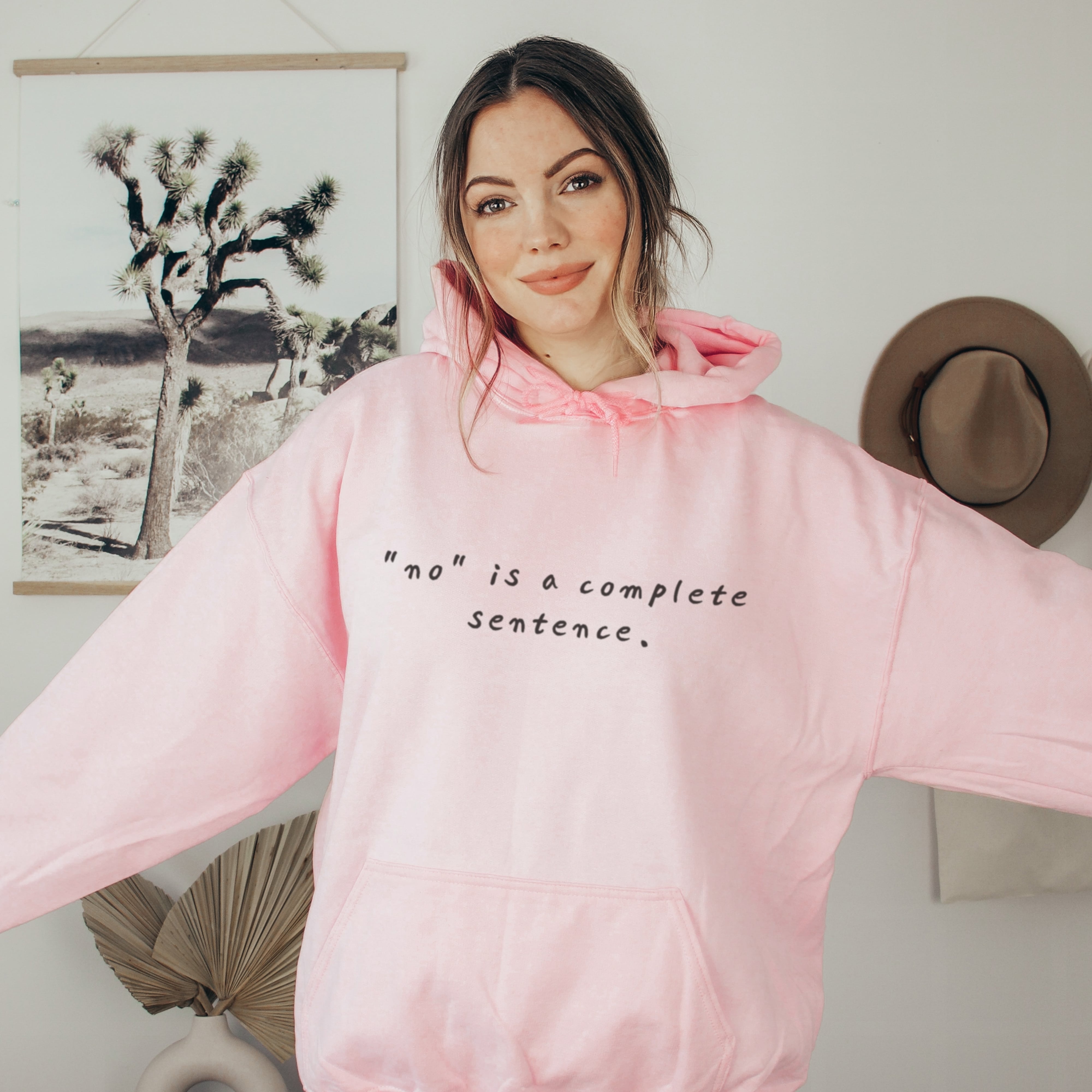 Woman in pink no is a complete sentence hoodie, cozy oversized sweatshirt for soft life era