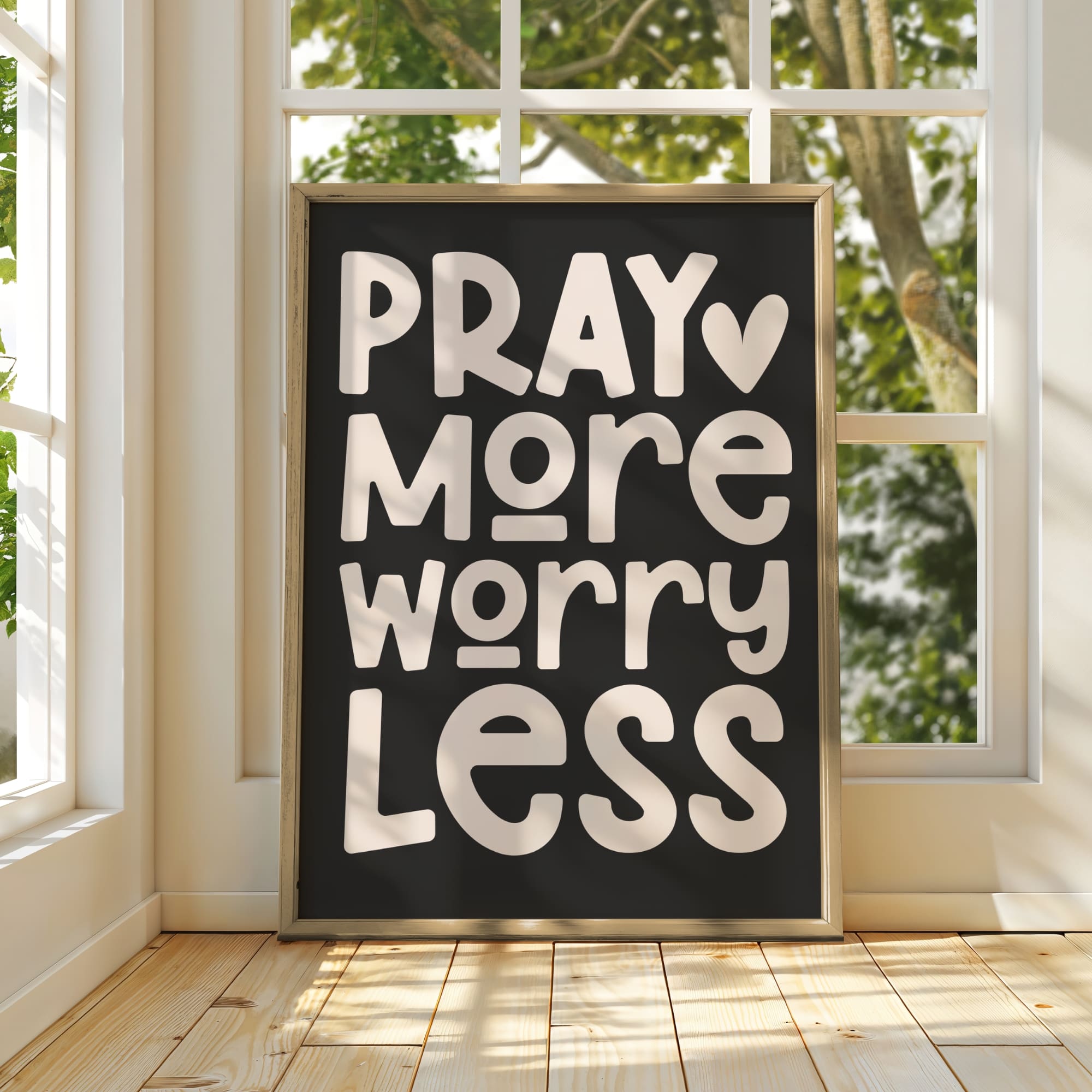 Modern Christian home wall décor featuring scripture-inspired typography in beige and black.