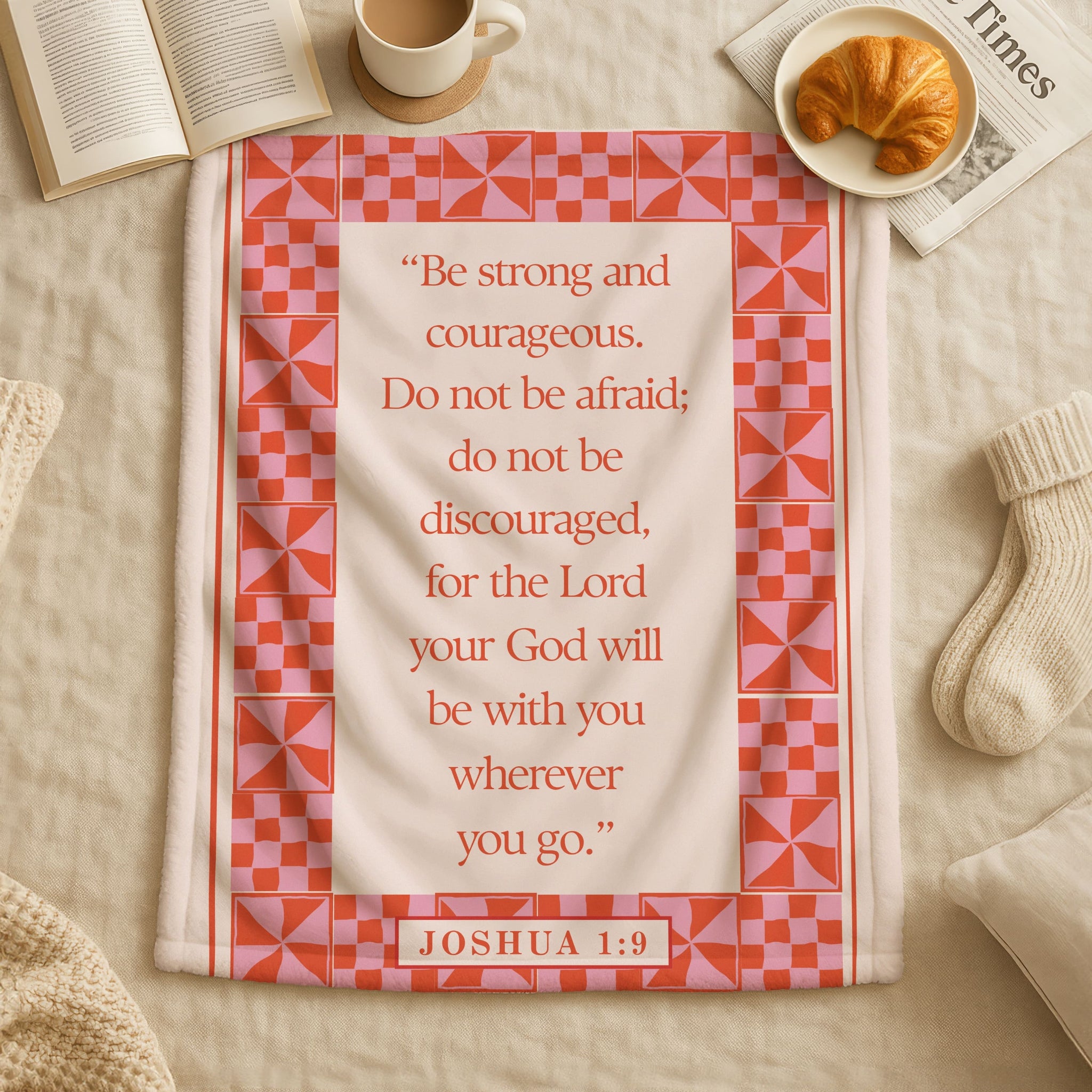 Joshua 1:9 blanket in coral and pink with retro geometric border, Be strong and courageous Do not be afraid scripture verse on cream background, Christian throw blanket