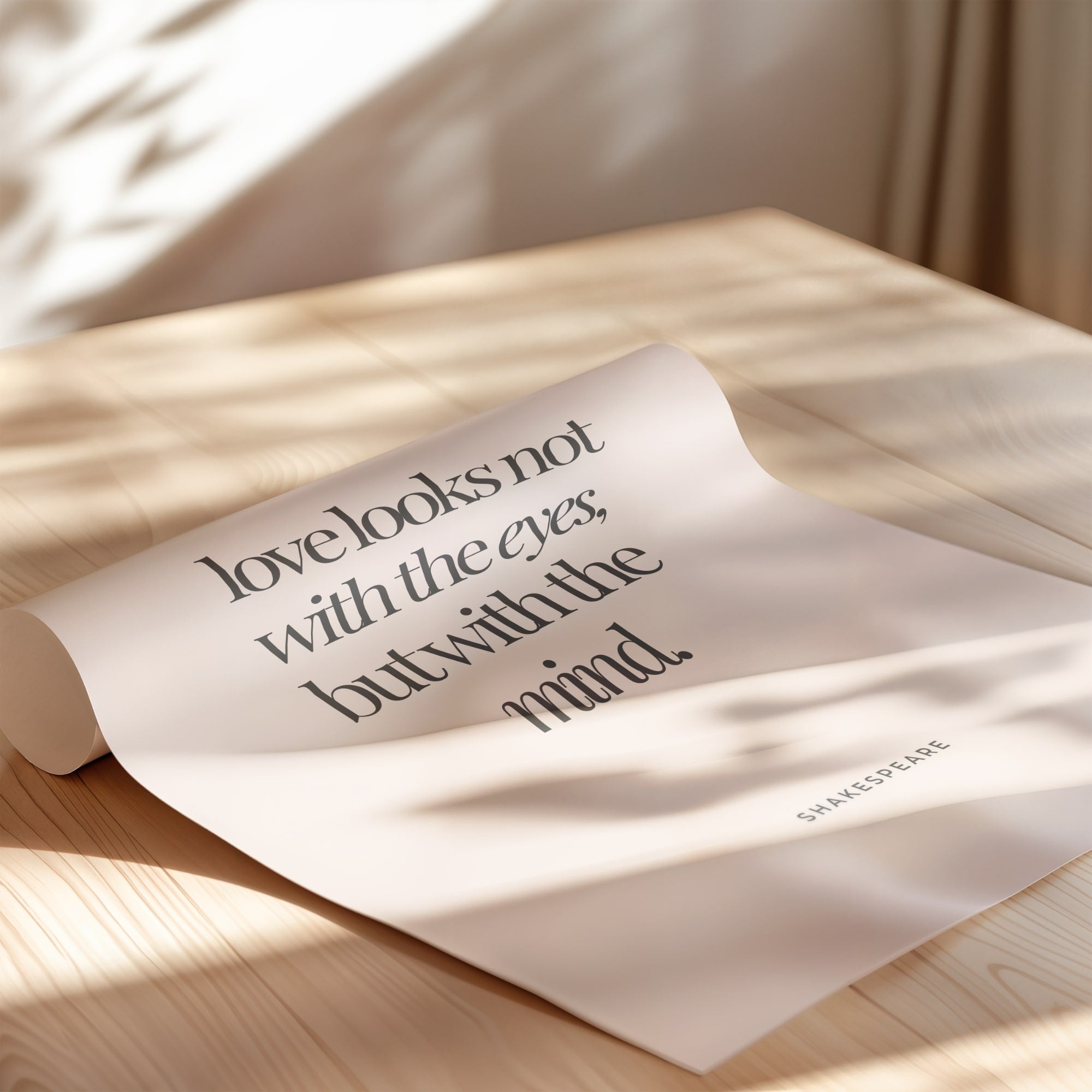 Beige Shakespeare quote wall art with “Love looks not with the eyes, but with the mind” in black text.