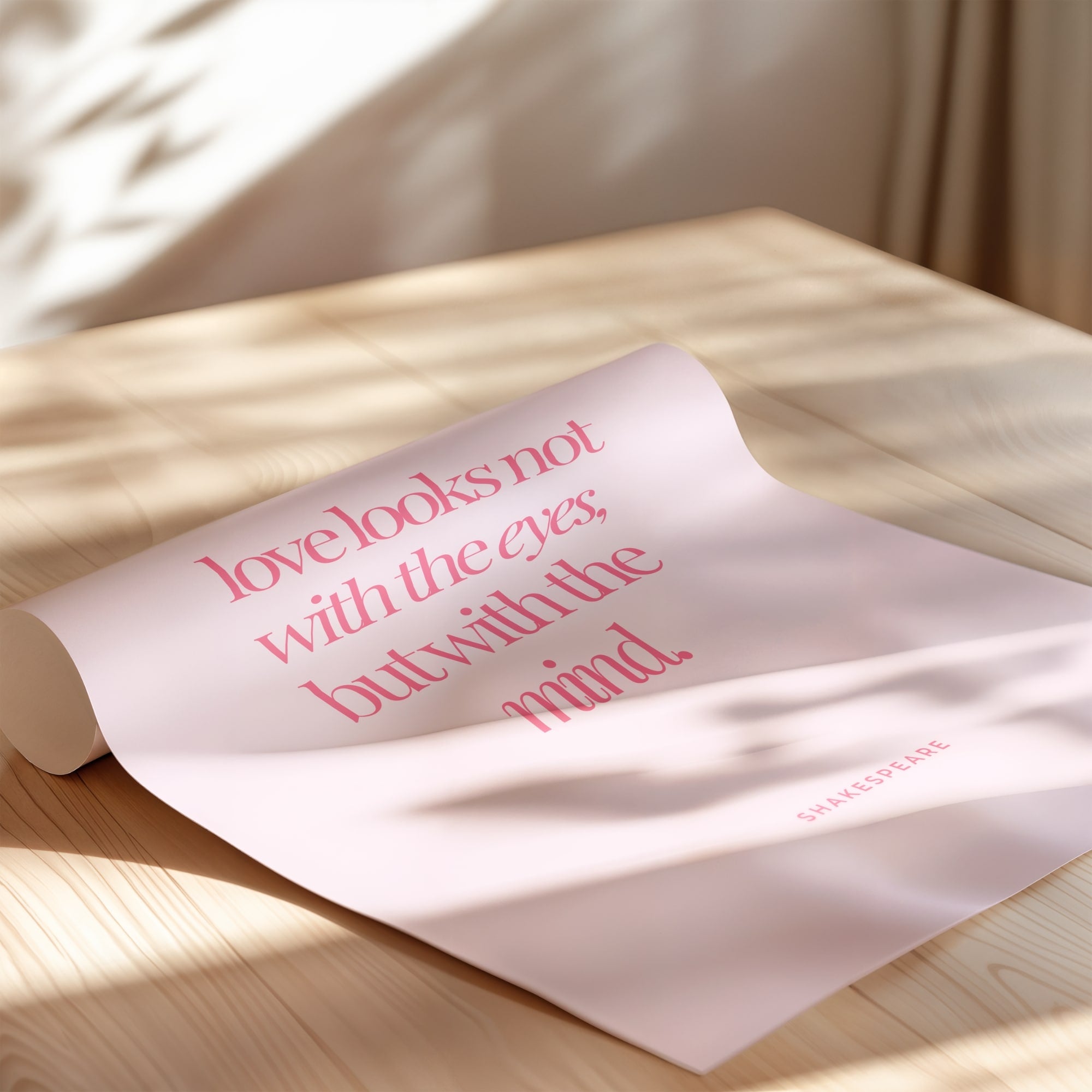 Romantic wall art print in pink featuring A Midsummer Night’s Dream quote by Shakespeare.