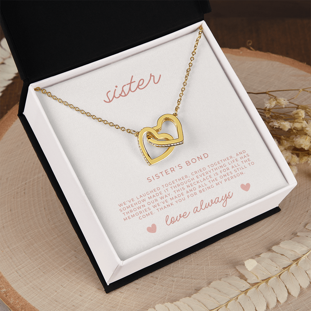 Interlocked hearts necklace in gift box with To My Sister faith-filled message card, perfect sentimental sister gift