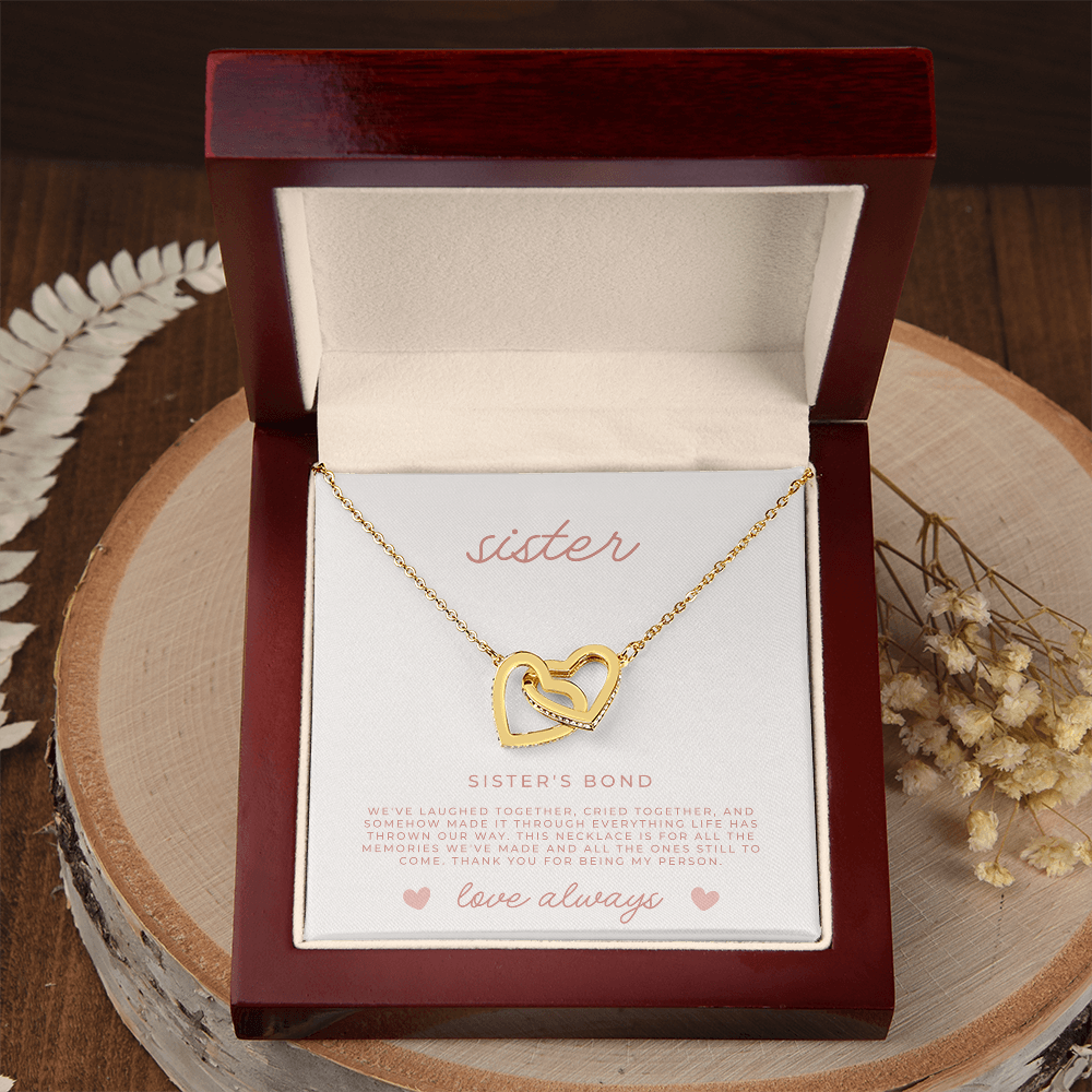 Gold hearts necklace for sisters in mahogany gift box with message card