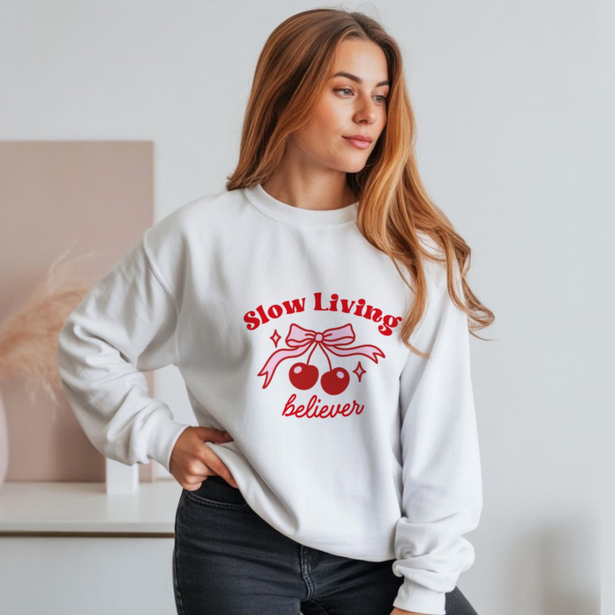 Slow Living Believer Sweatshirt | Cherry Coquette Faith Crewneck Women