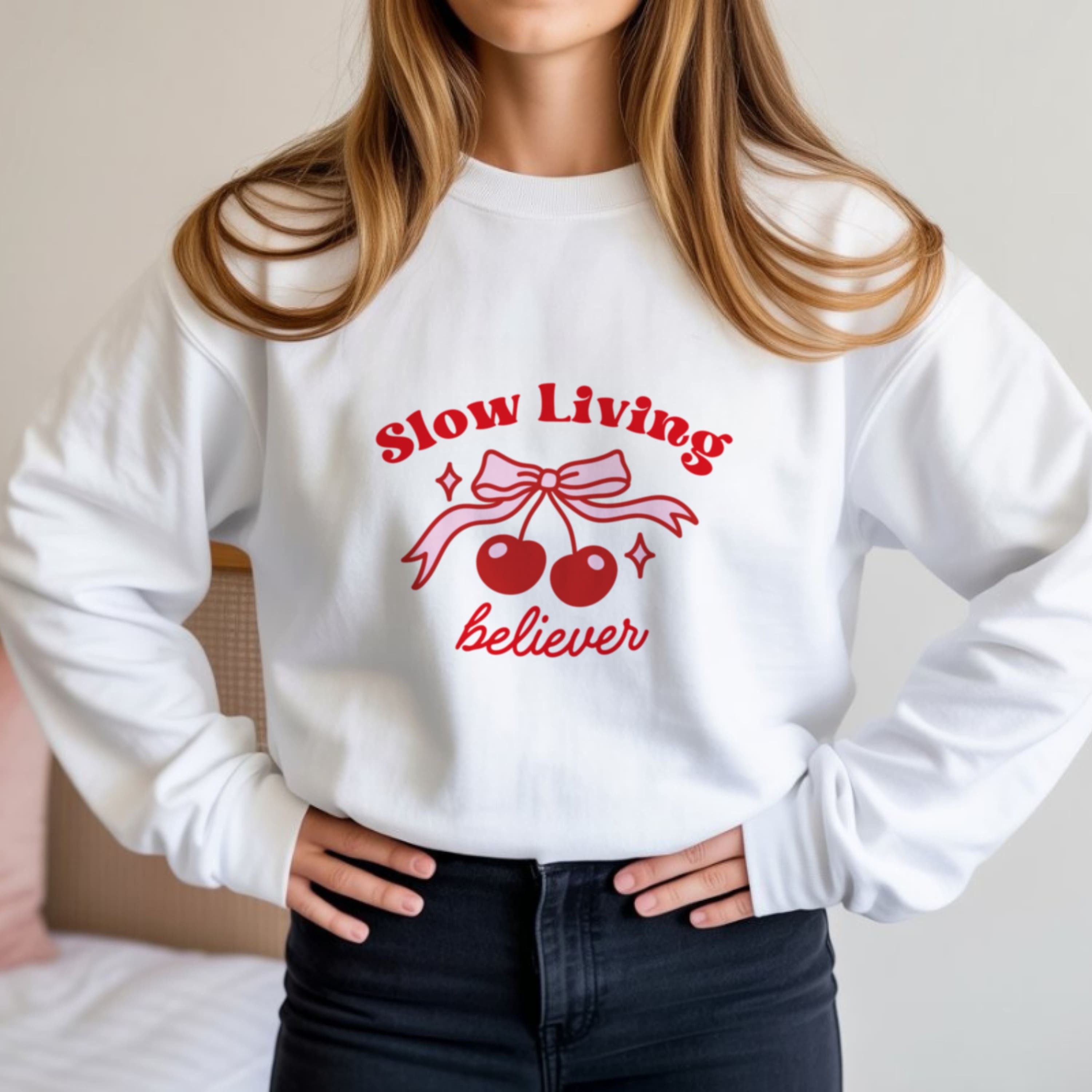 Slow Living Believer Sweatshirt | Cherry Coquette Faith Crewneck Women