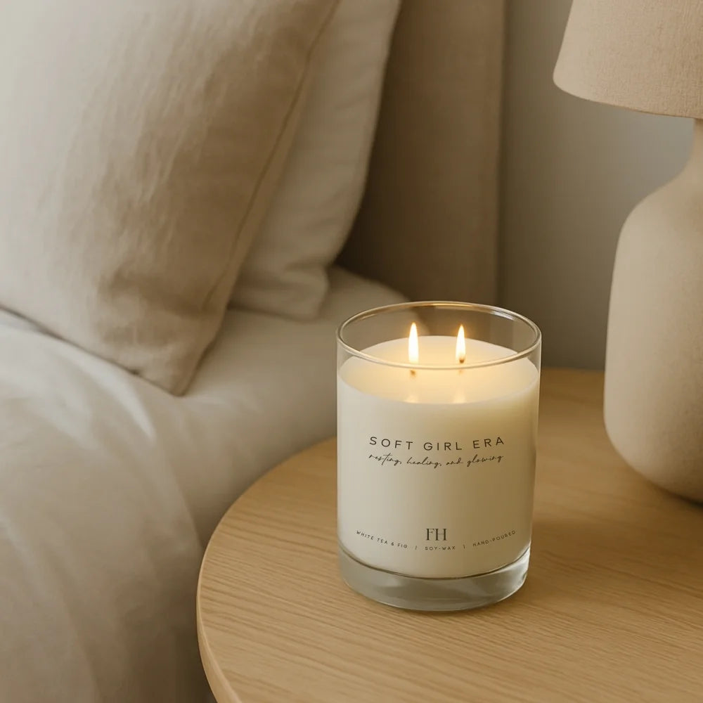 Soft Girl Era vegan soy candle for Christian self care and faith-led living, scented with white tea and fig.
