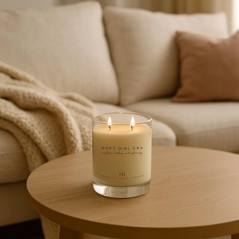 White tea and fig scented candle for living with purpose and embracing a soft life rooted in faith.