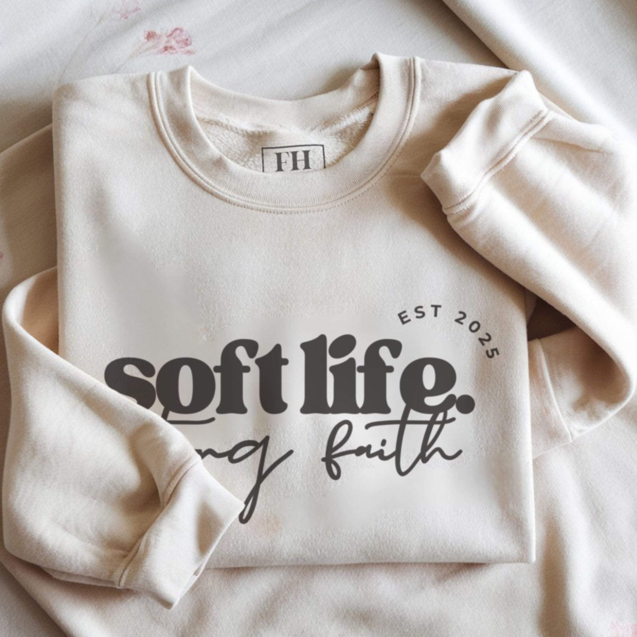 Soft life strong faith crewneck sweatshirt for women in beige, soft girl aesthetic style