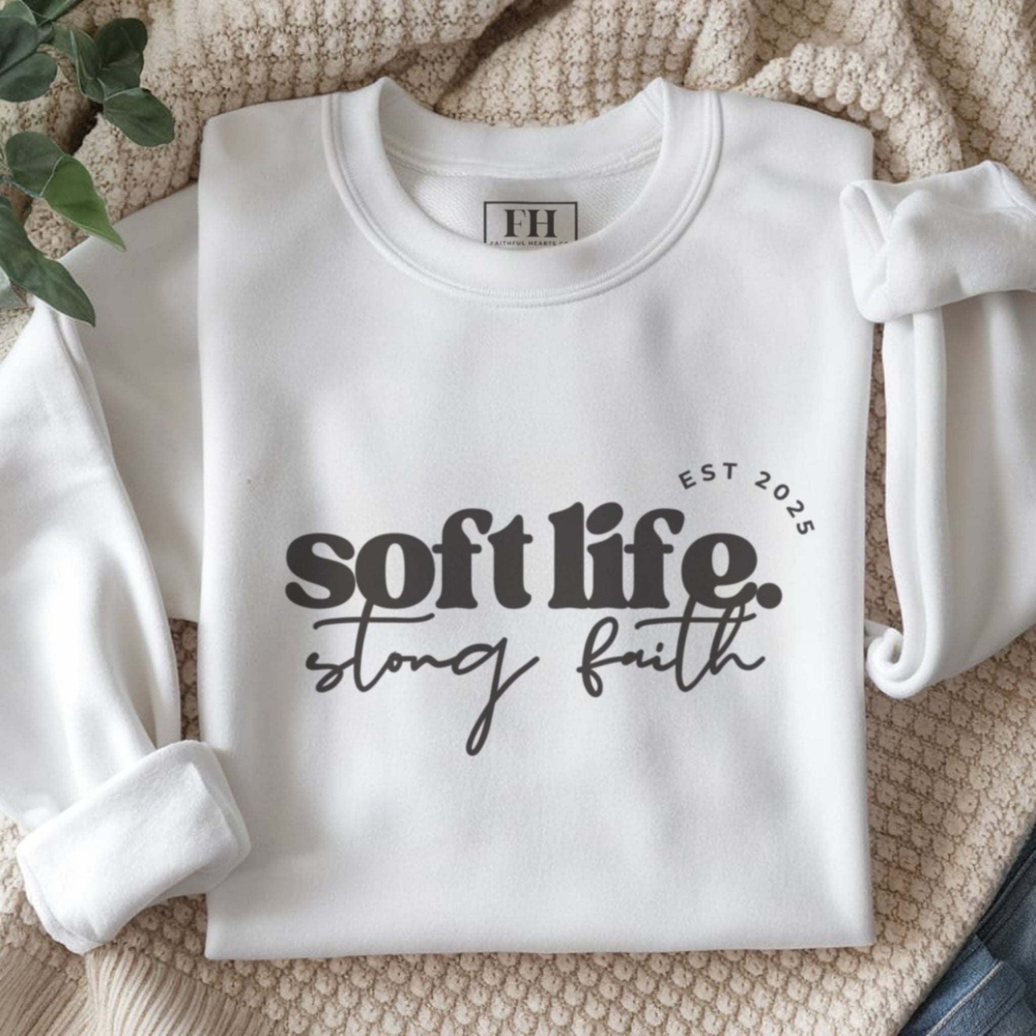 womens white crewneck sweatshirt with soft life strong faith, for women living in their soft life era