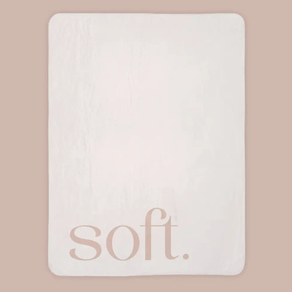 Premium sherpa throw from Faithful Hearts in cream with the word soft on the front shown in full