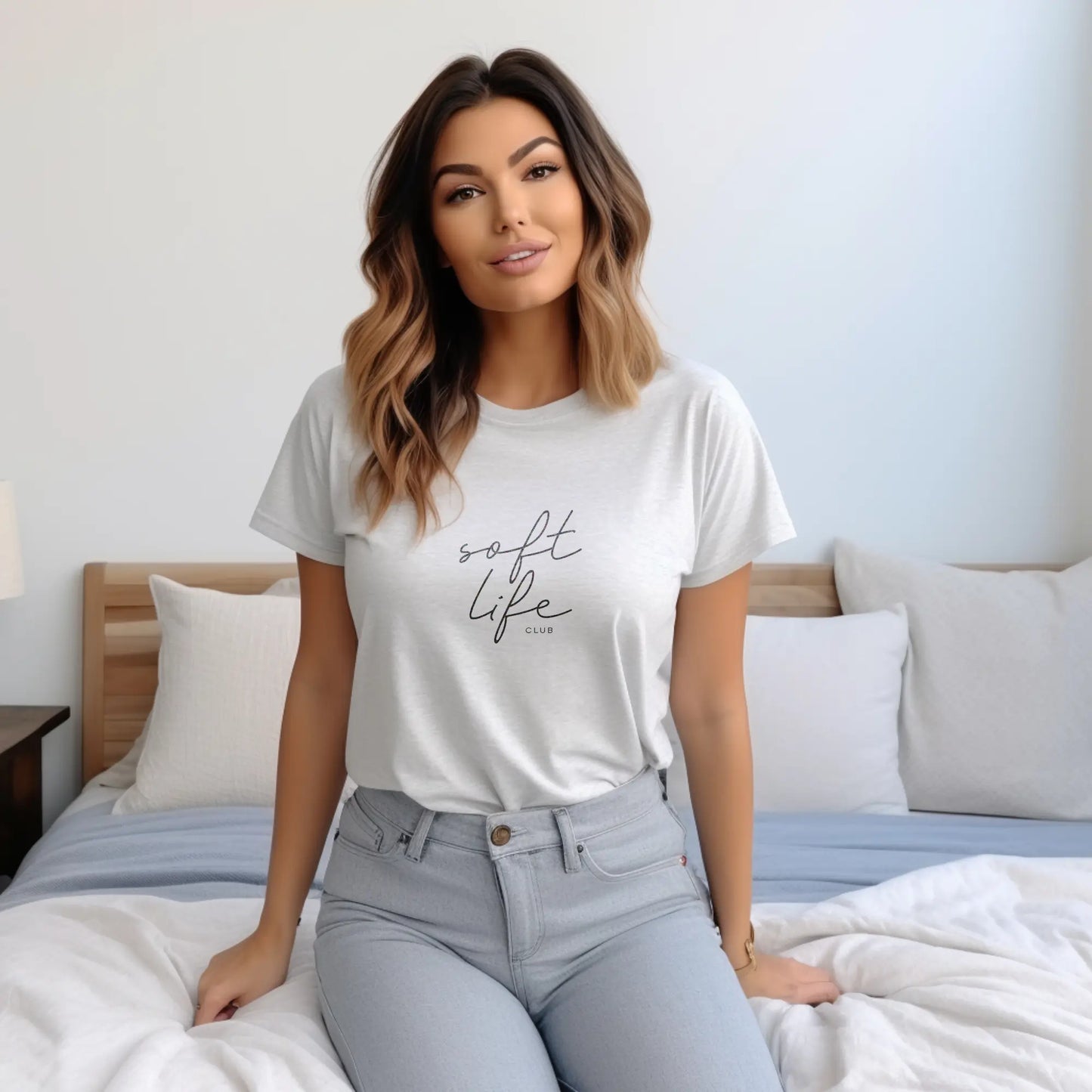 Minimalist Soft Life tee with Soft Life Club front text – ethically made cotton shirt