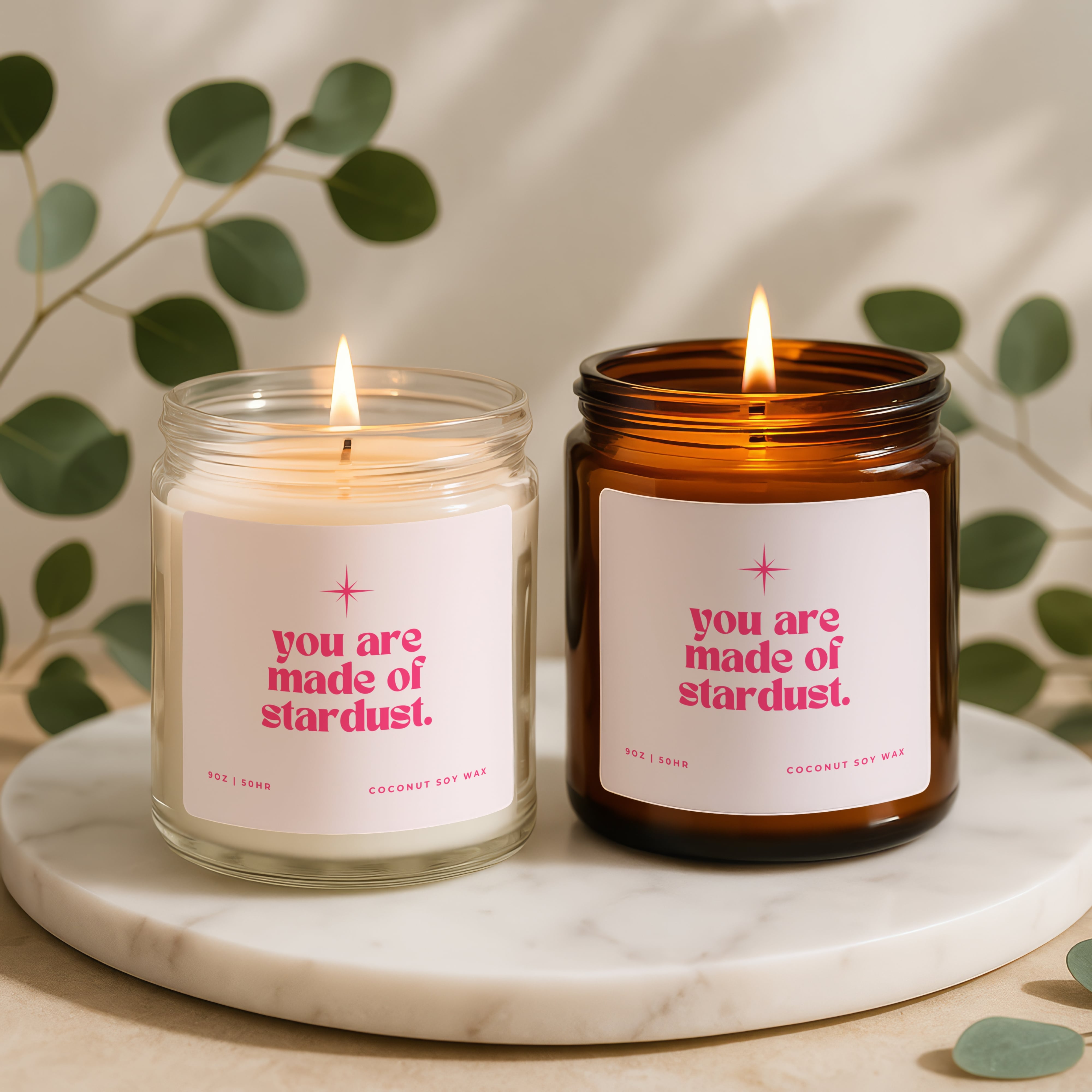 You are made of stardust spiritual candle with pink star design, hand poured eco friendly candle in clear and amber glass jars