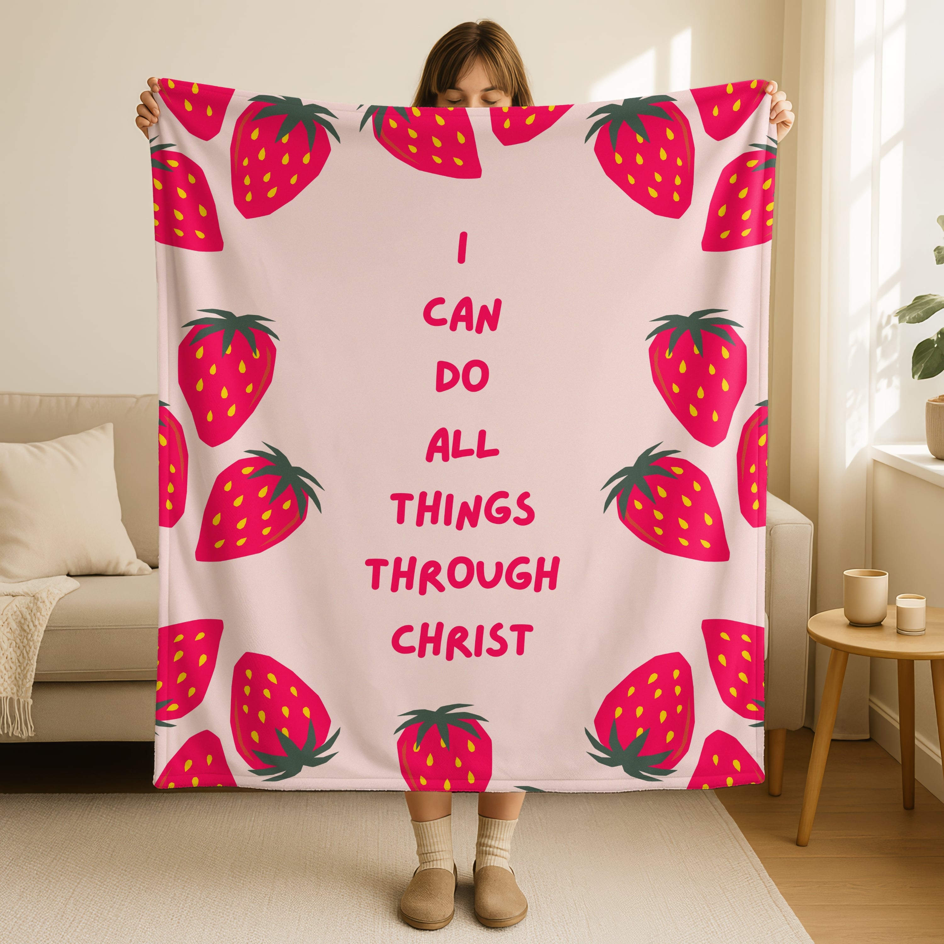 I can do all things through Christ blanket in soft blush pink with cute strawberry border design, Philippians 4:13 scripture in bright pink text, double-sided Christian throw blanket