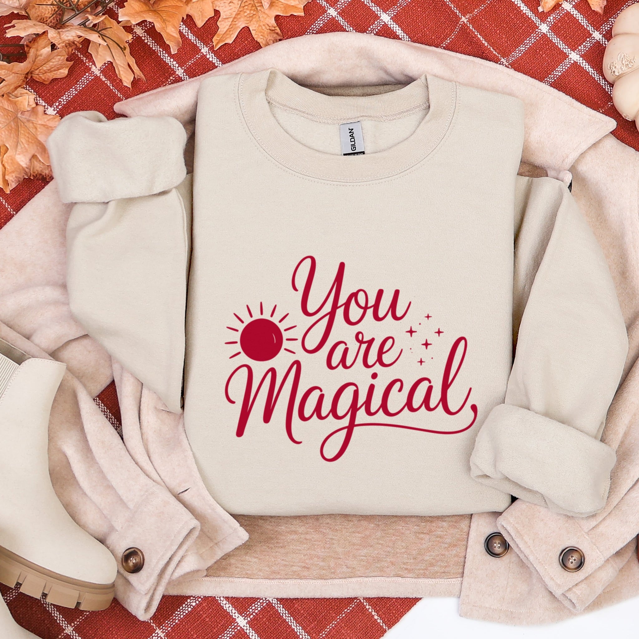 You Are Magical cream sweatshirt flat lay with burgundy script - inspirational affirmation apparel for women