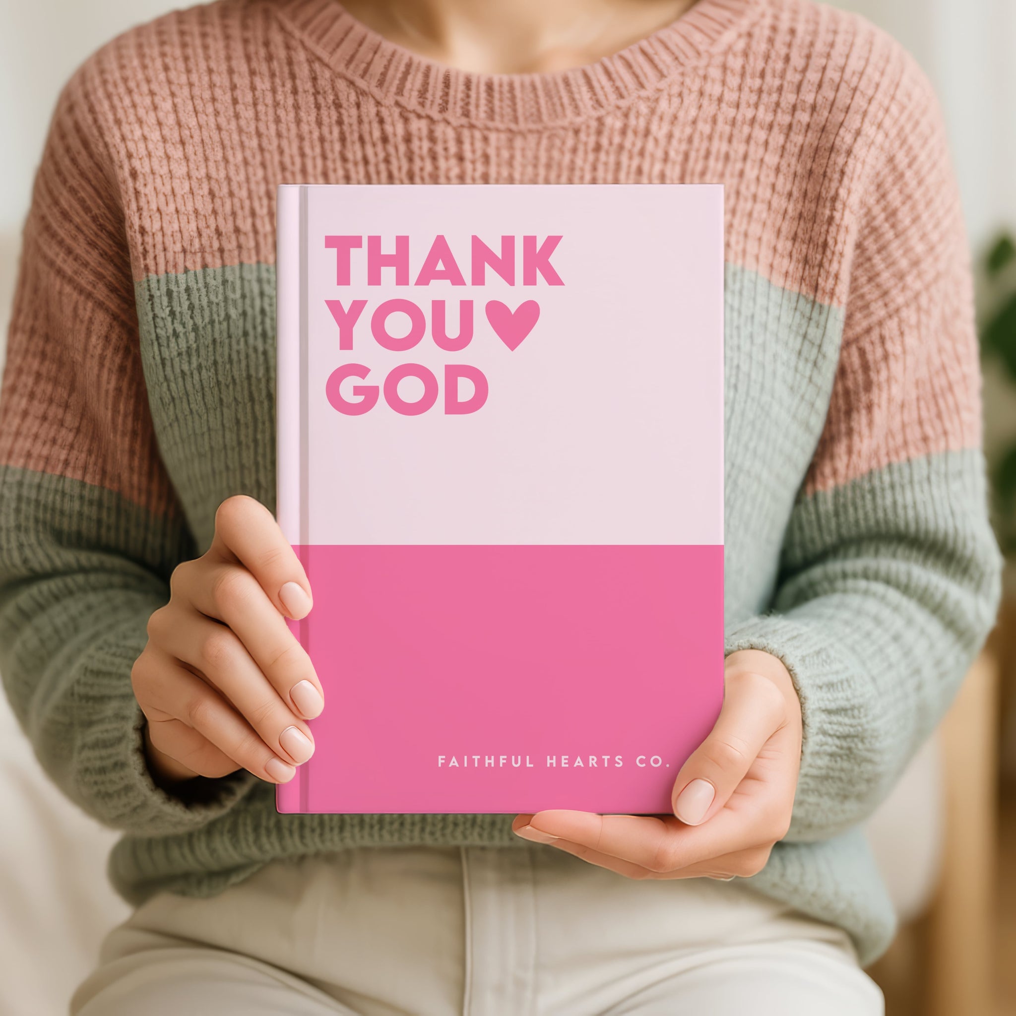 Modern Christian pink notebook for women — “Thank You God” hardback design by Faithful Hearts Co.