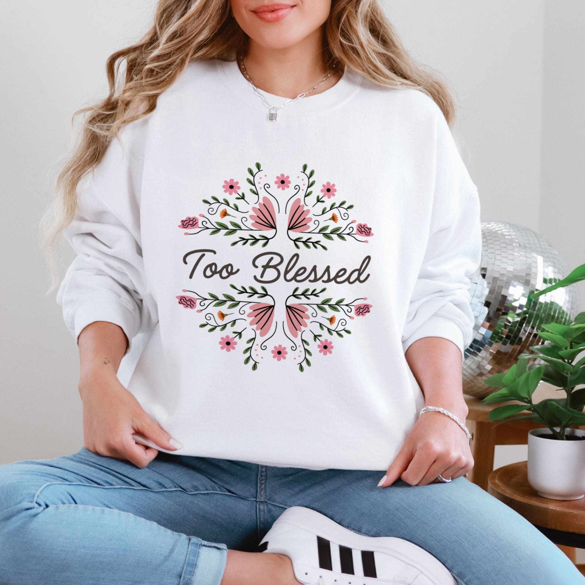 Too Blessed sweatshirt in white with pink floral wreath design, gratitude focused Christian faith crewneck for women