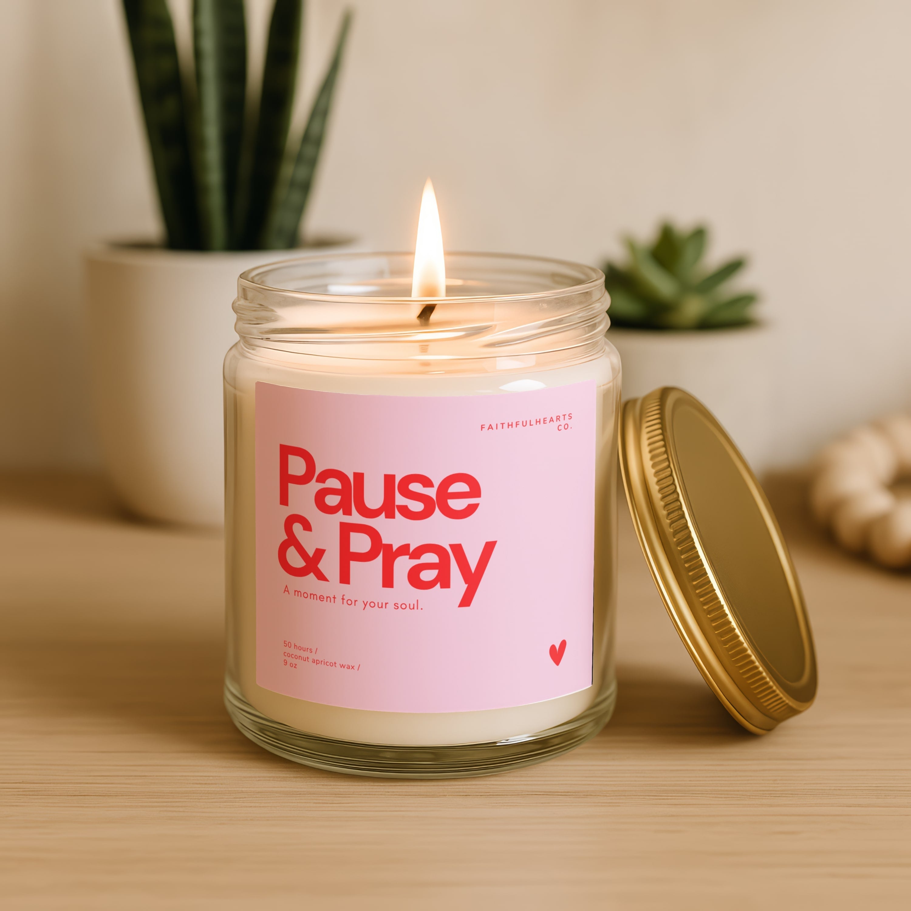 Christian prayer candle with “Pause & Pray” label, spiritual gift for her, cozy faith candle.
