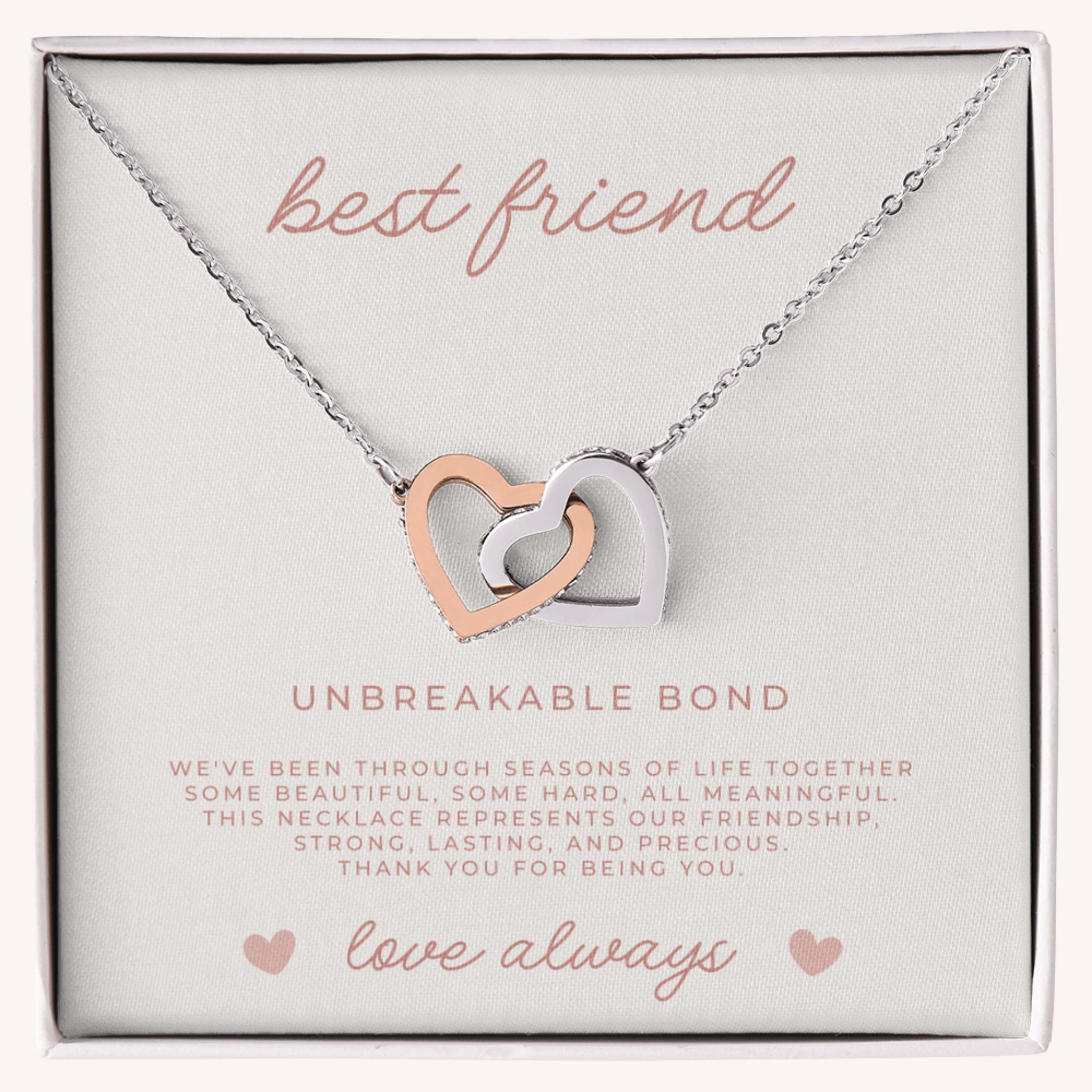 Necklace with interlocking heart pendants with a message card for bestfriends