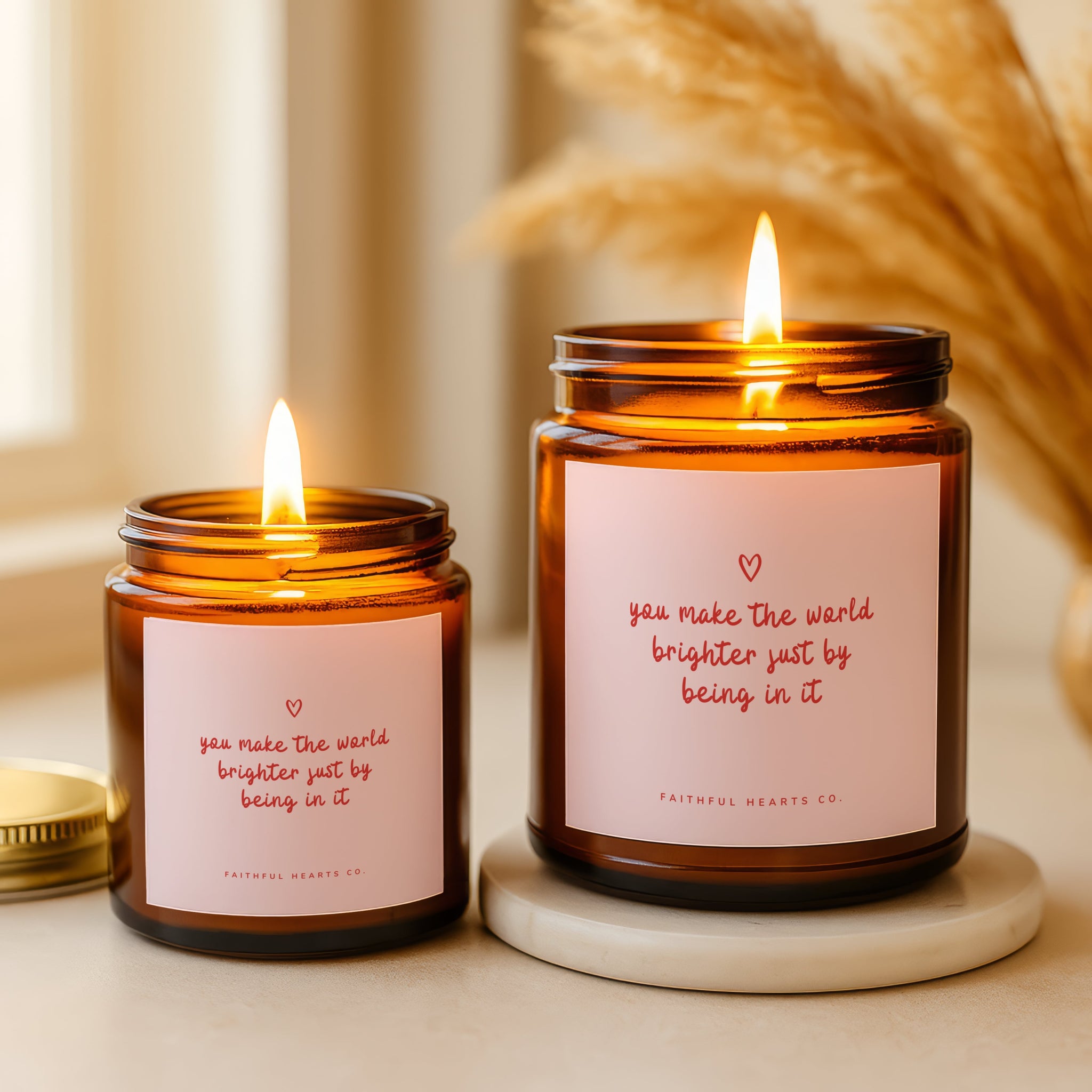 Amber jar Faithful Hearts positivity candle with message “You Make the World Brighter Just by Being in It,” heartfelt candle gift for her and friends.