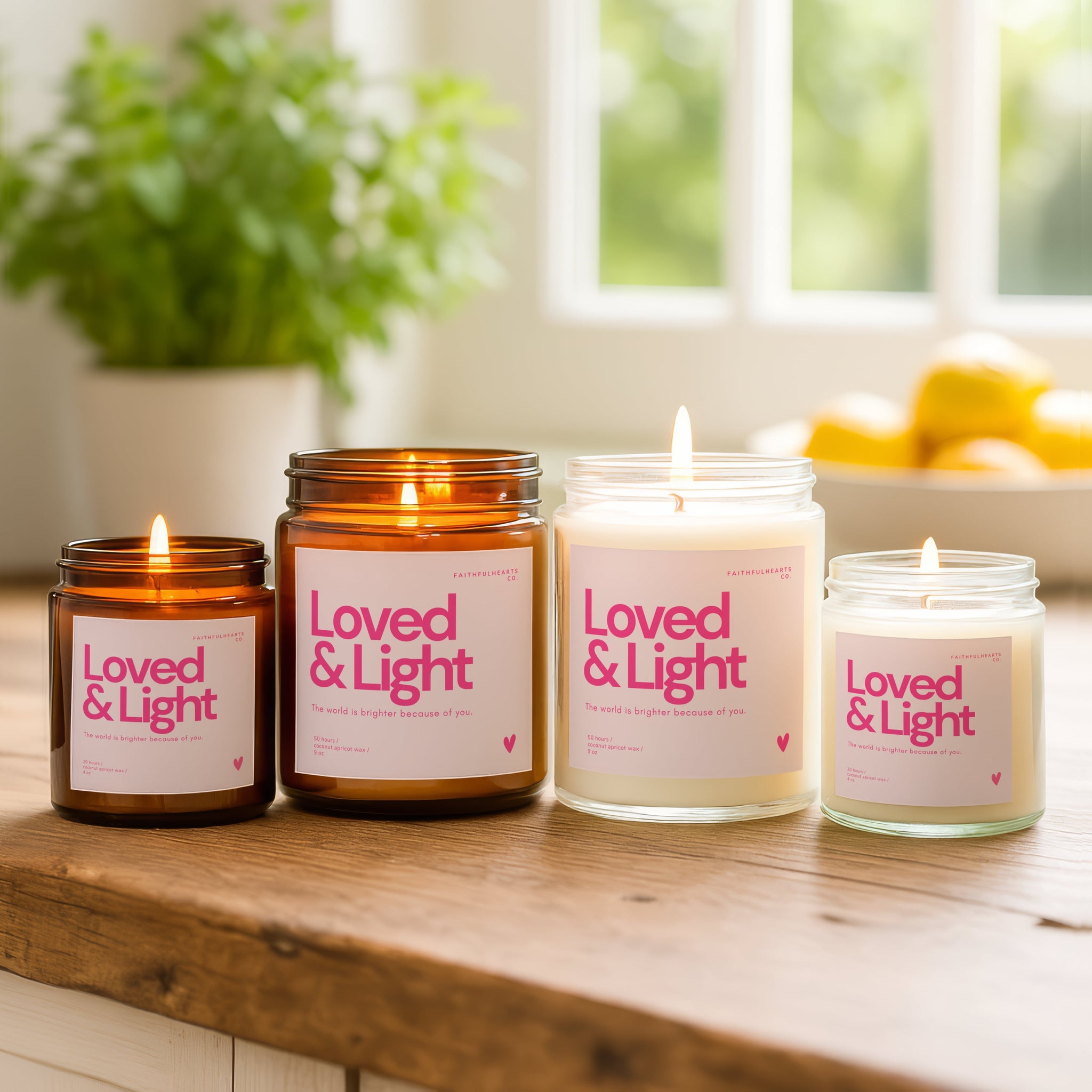 Loved & Light candles in amber and clear jars by Faithful Hearts, uplifting spiritual candle gift for women, perfect for encouragement and self love.
