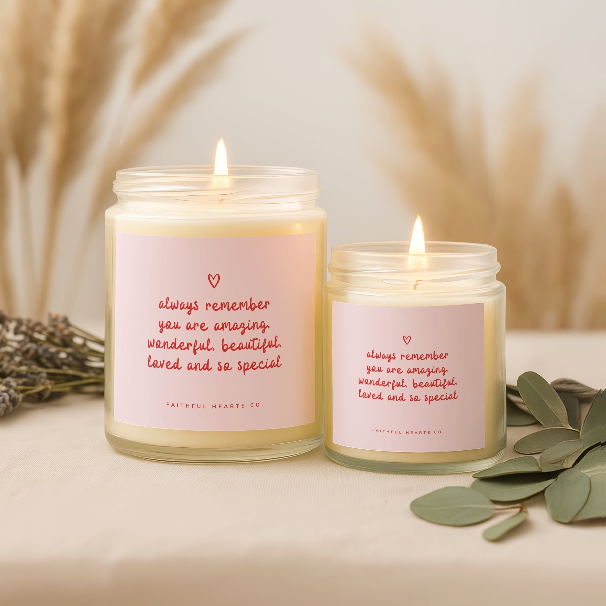 Hand poured inspirational candle in clear jar with message “You are amazing, wonderful, beautiful, loved and special,” perfect faith-based gift for her.