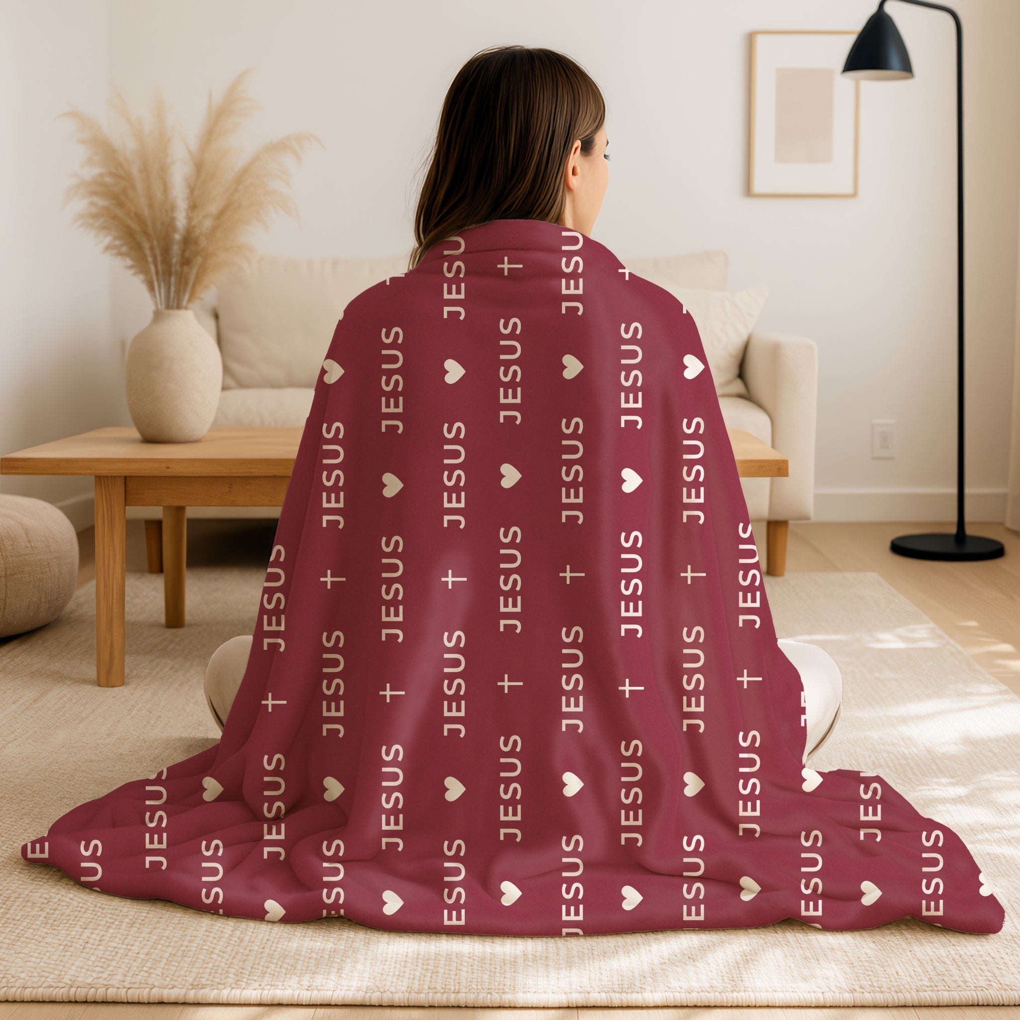 Christian gift blanket in deep wine with repeated JESUS print