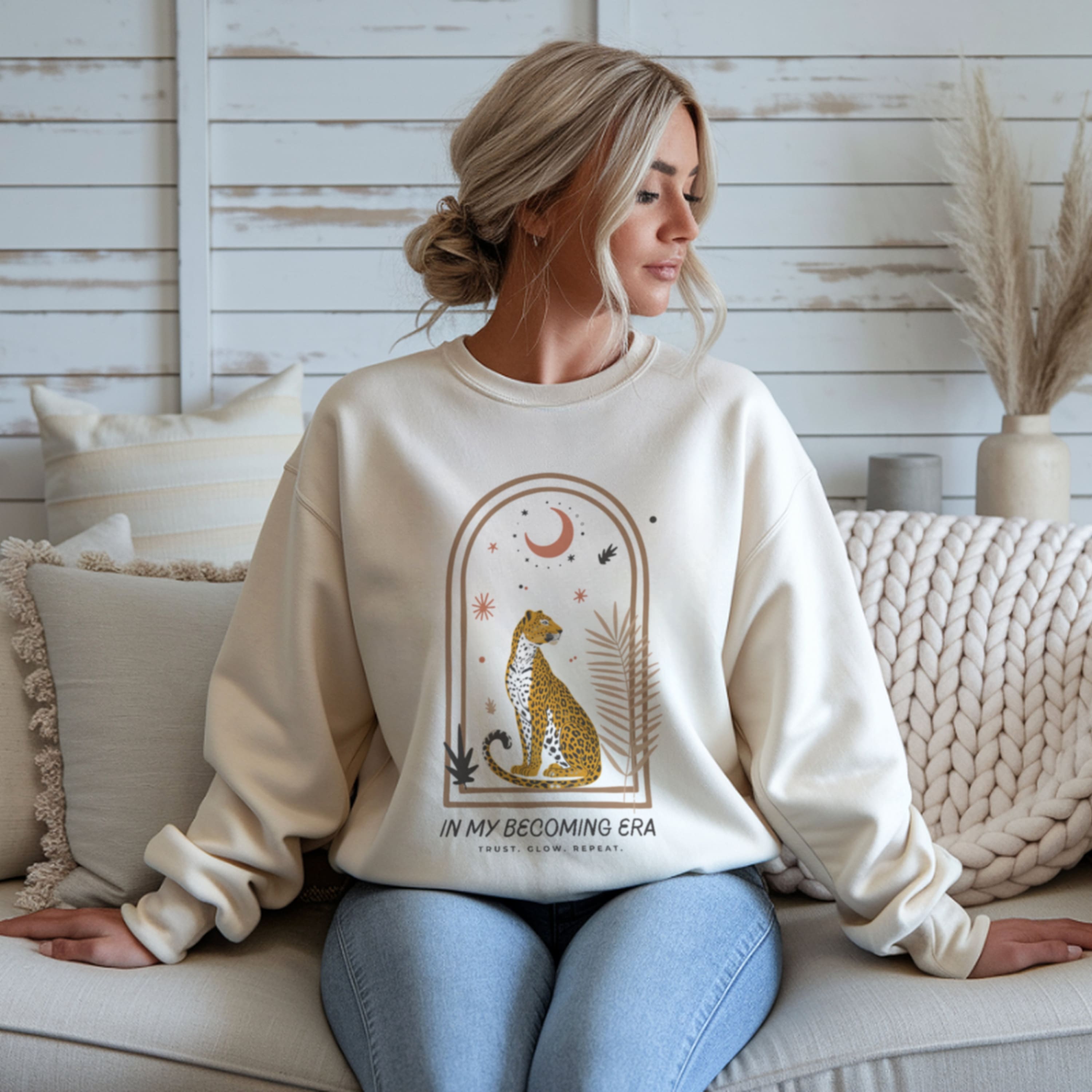In My Becoming Era cream crewneck sweatshirt for spiritual women