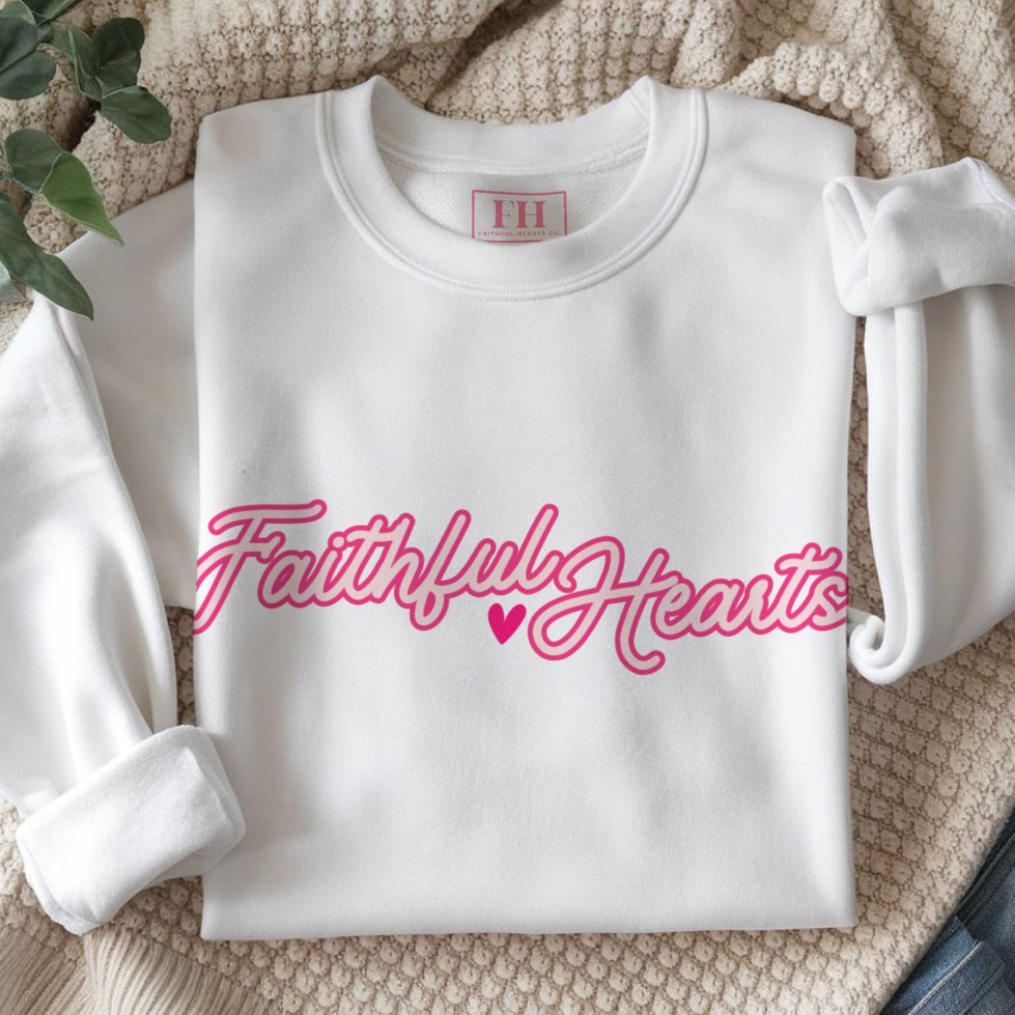 Faithful Hearts script logo crewneck sweatshirt in white with hot pink lettering, women's Christian brand apparel