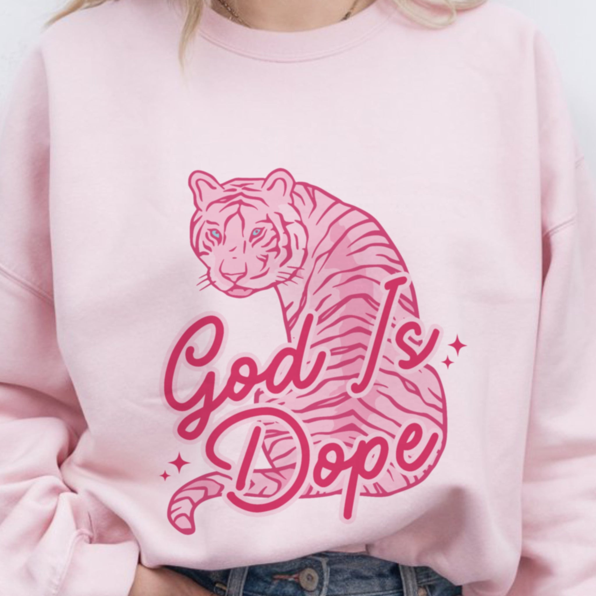 God Is Dope pink crewneck sweatshirt with tiger graphic flat lay, trendy Christian streetwear by Faithful Hearts Co