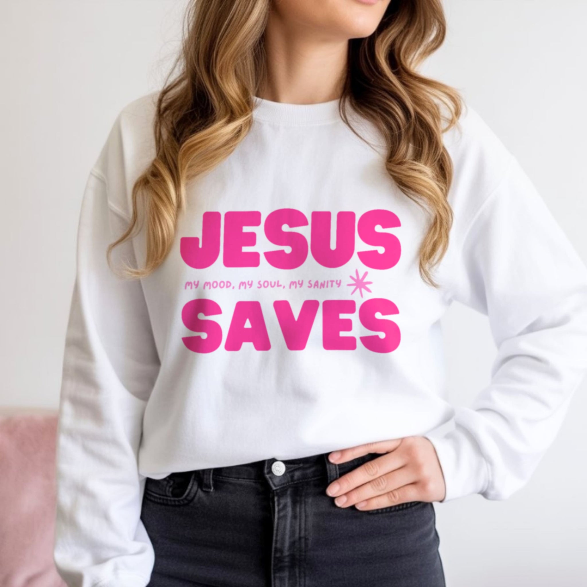 Close up of Jesus Saves text with my mood my soul my sanity tagline on premium women's Christian sweatshirt