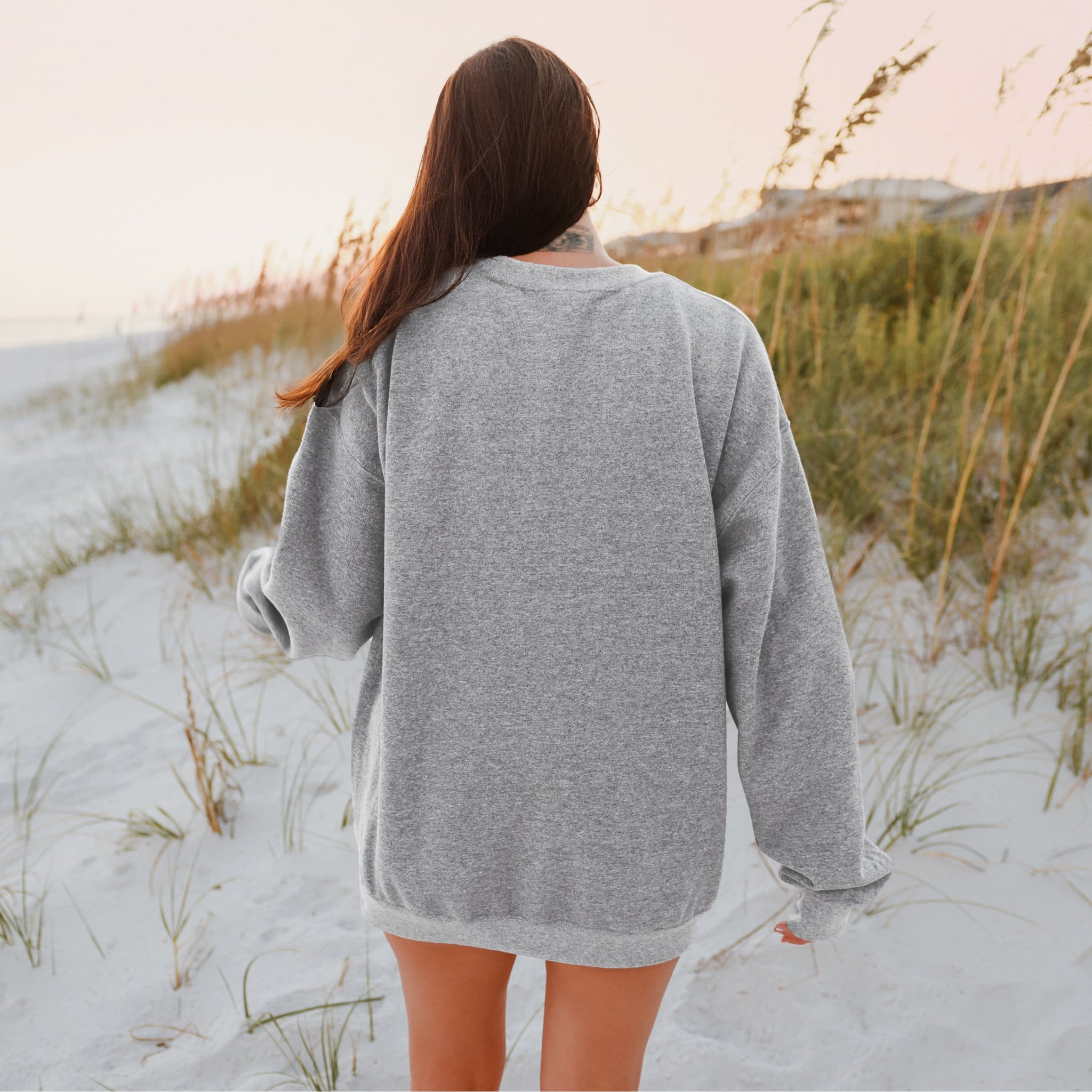 Back view of grey YAHWEH oversized sweatshirt - minimalist Christian crewneck for women