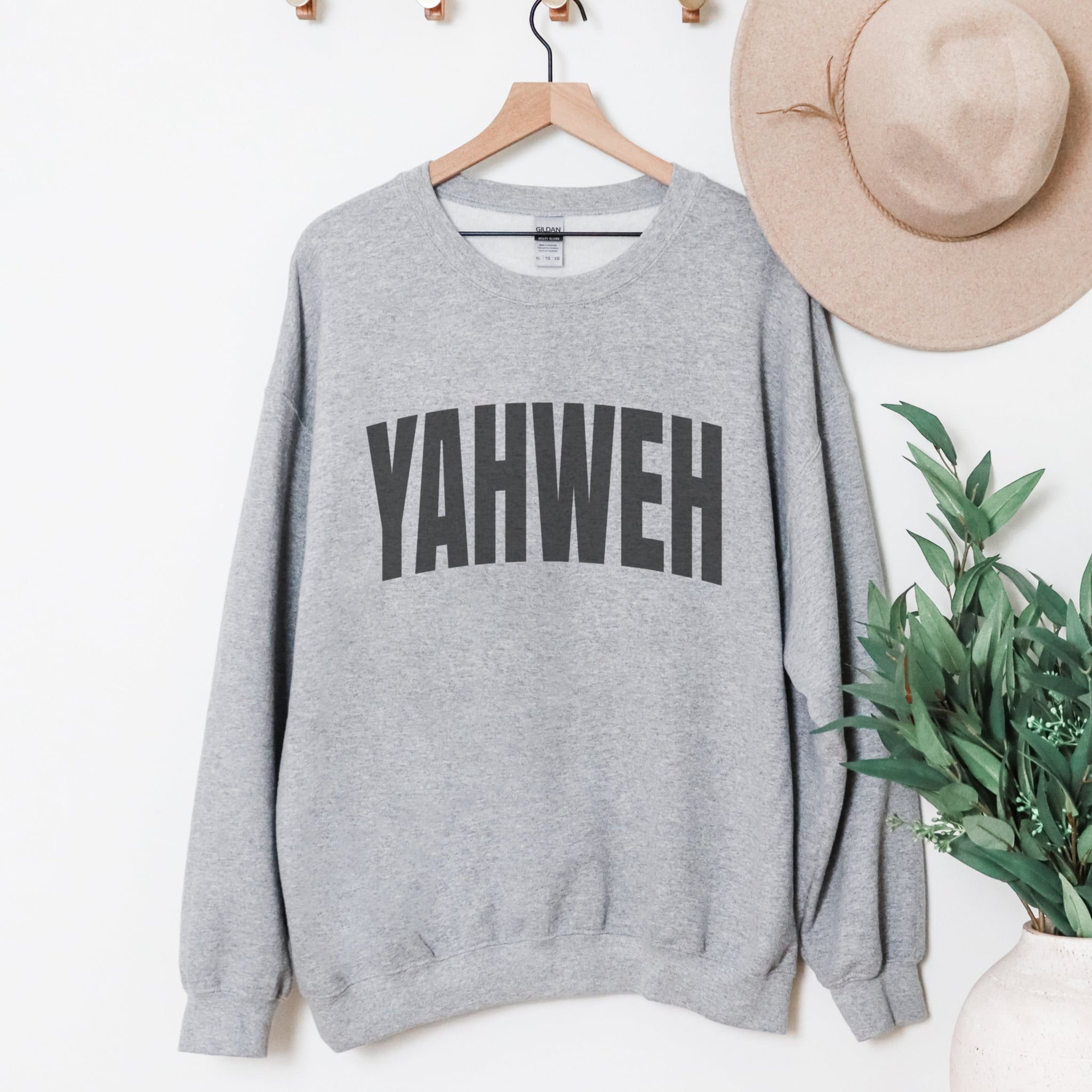 Heather grey YAHWEH oversized sweatshirt minimalist Christian faith statement crewneck