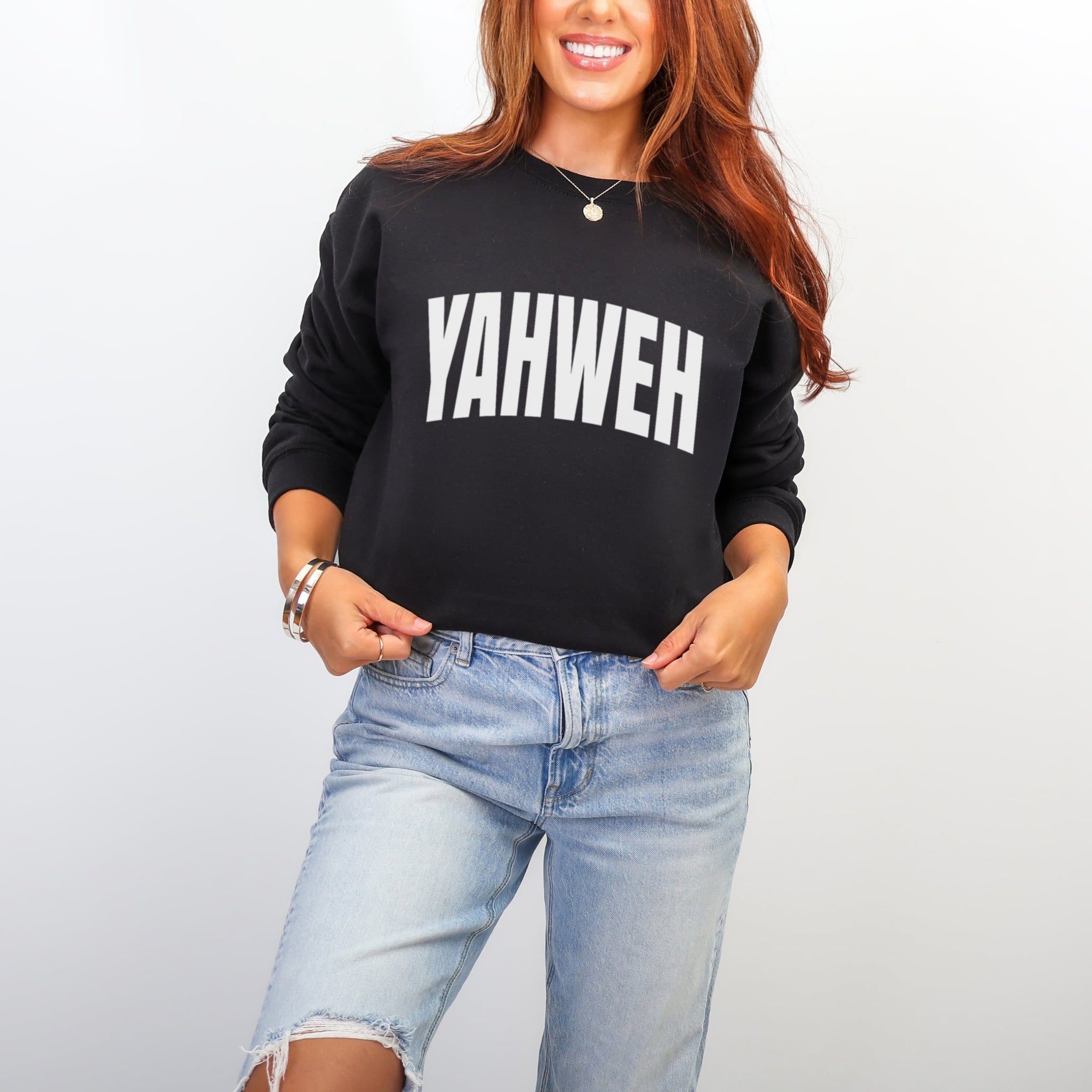 Black YAHWEH oversized sweatshirt with high contrast white print - minimalist Christian faith statement crewneck