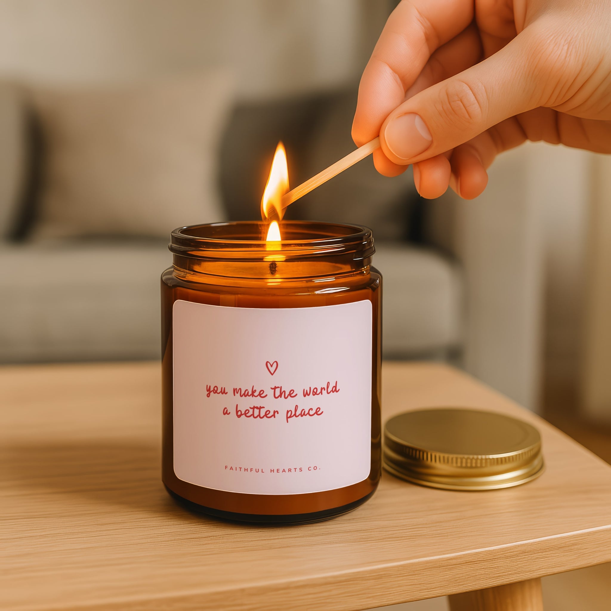 Heartwarming candle gift with kind message, You Make The World A Better Place printed label.