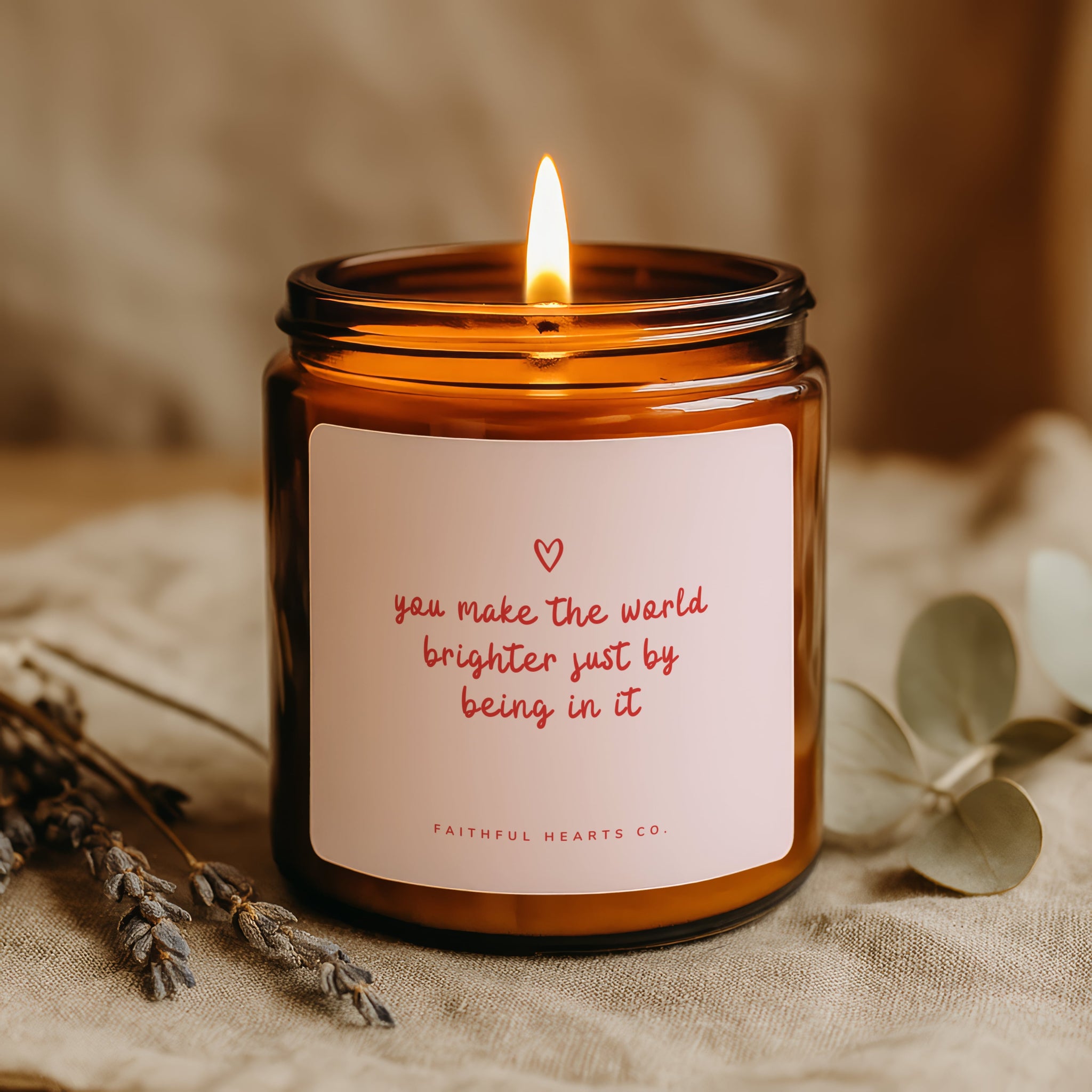 You Make the World Brighter Just by Being in It affirmation candle in amber glass jar, perfect inspirational gift for her, handmade to uplift and encourage.
